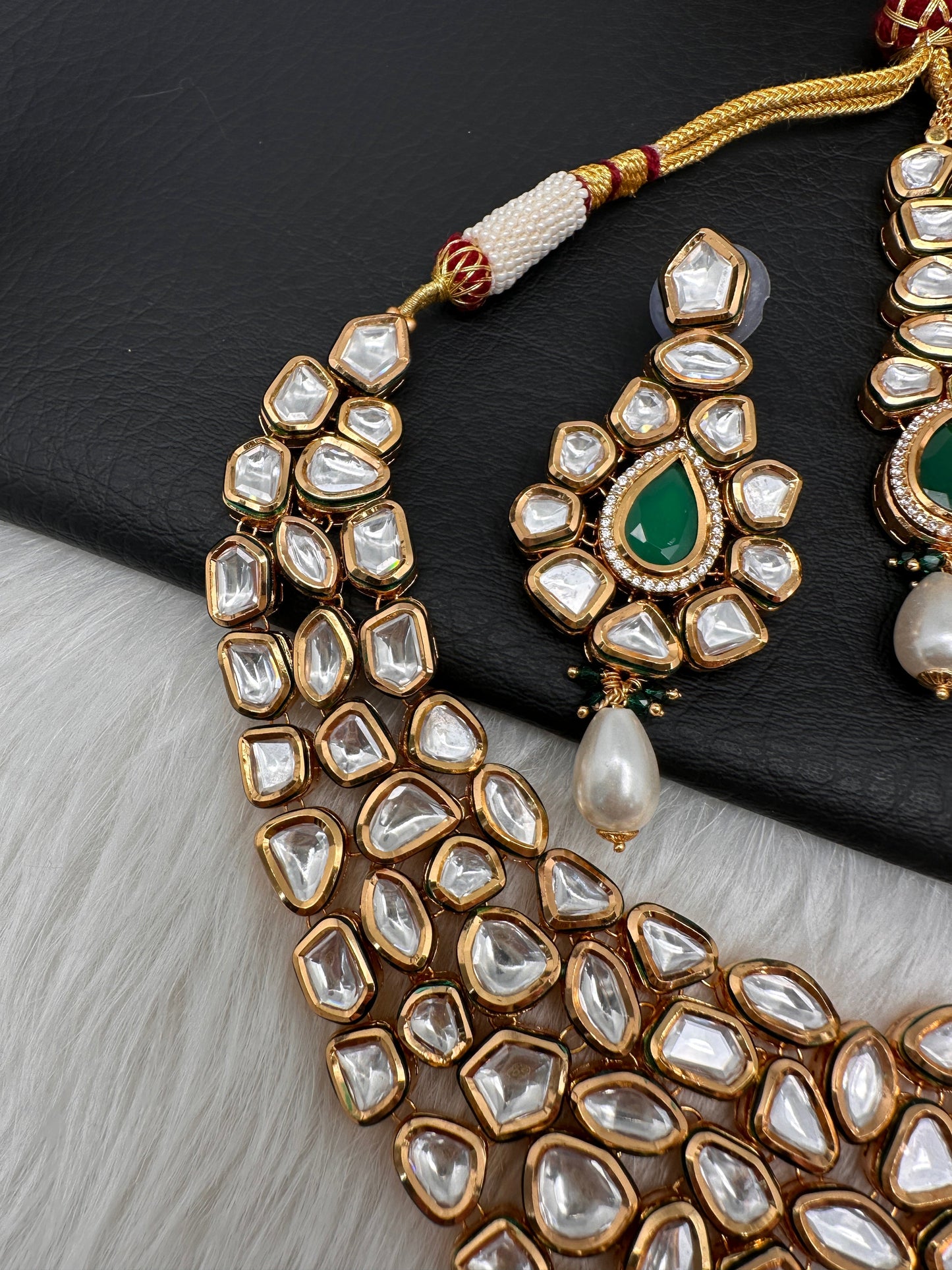 Kundan Green Stone Bridal Necklace comes with Earrings and Mang Tika