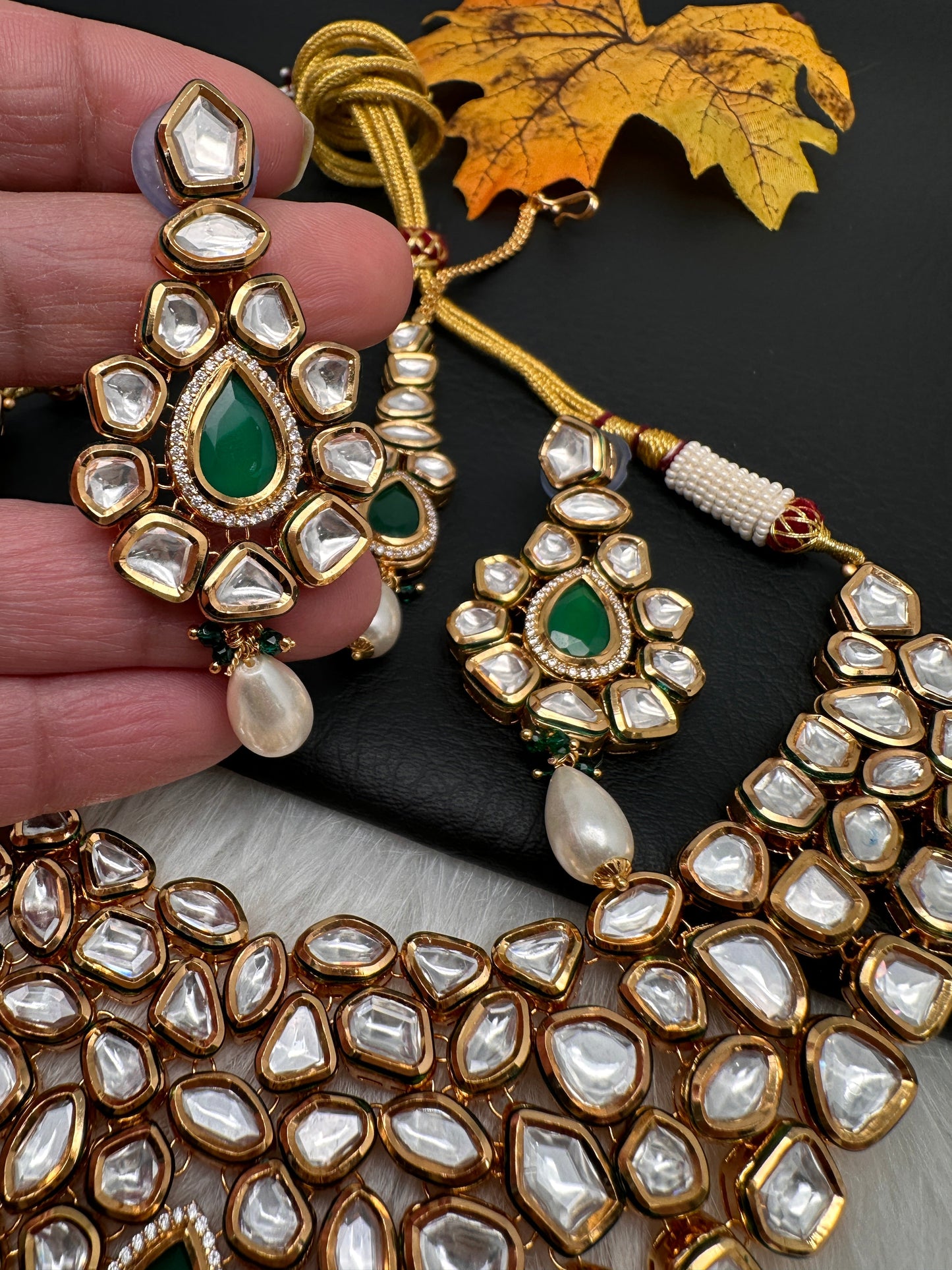 Kundan Green Stone Bridal Necklace comes with Earrings and Mang Tika