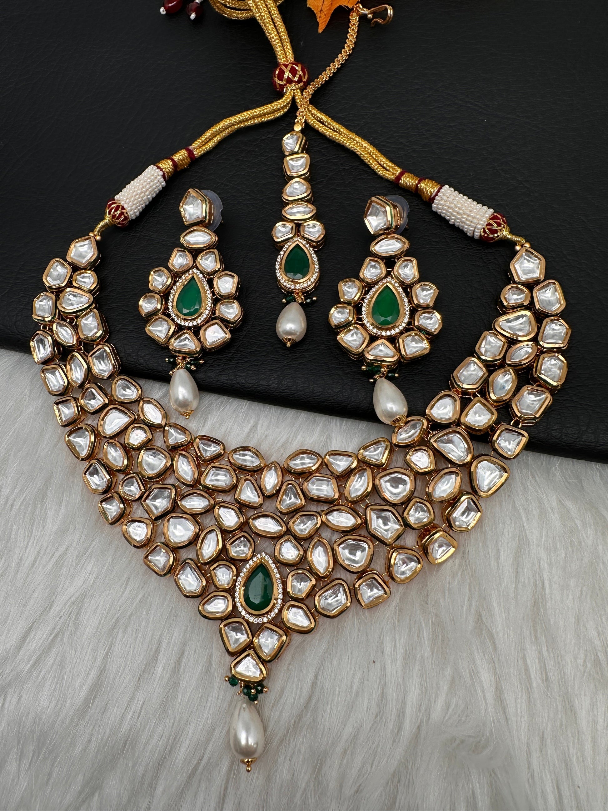 Kundan Green Stone Bridal Necklace comes with Earrings and Mang Tika