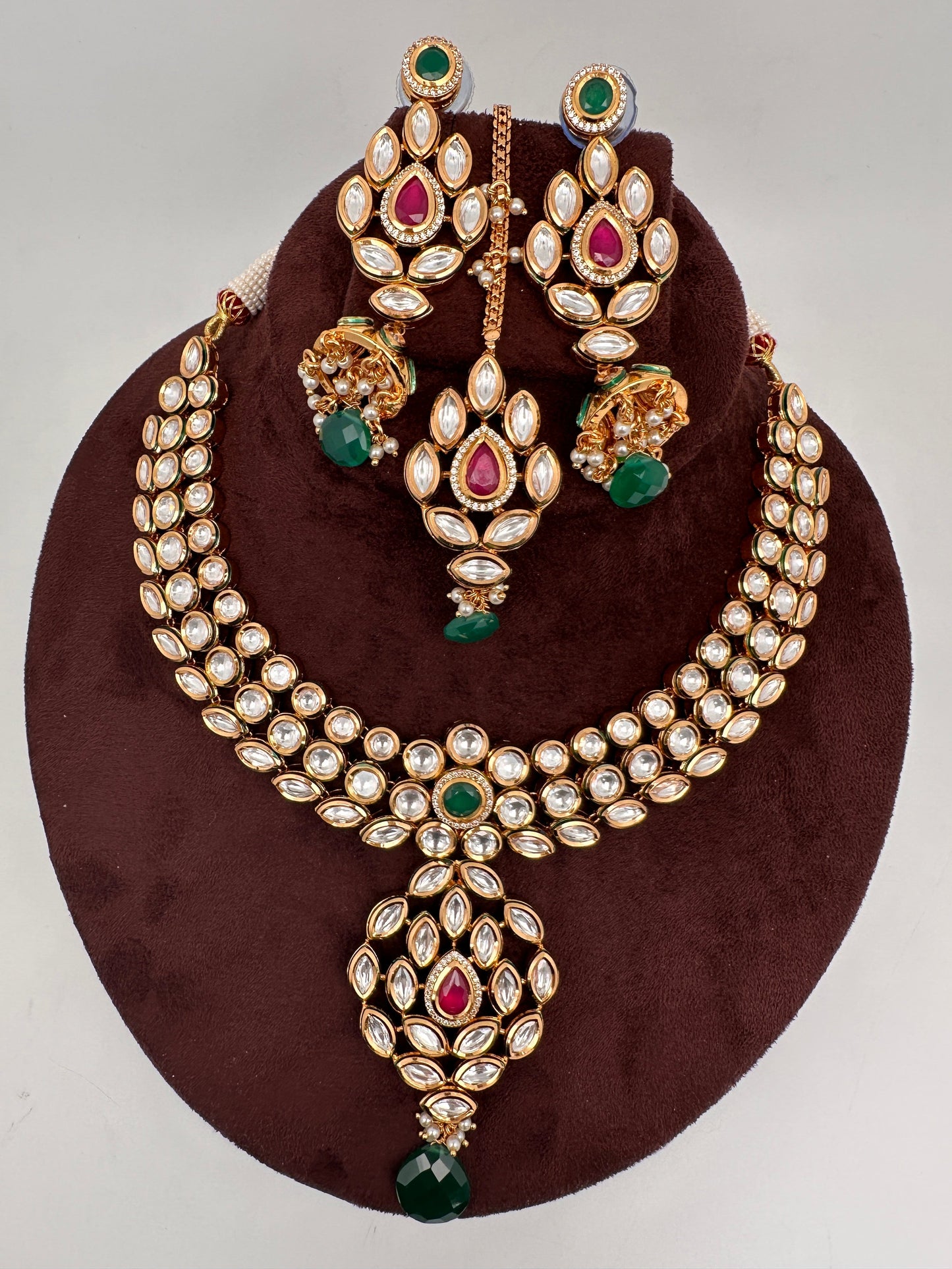 Kundan Red Green Stone Bridal Necklace comes with Earrings and Mang Tika