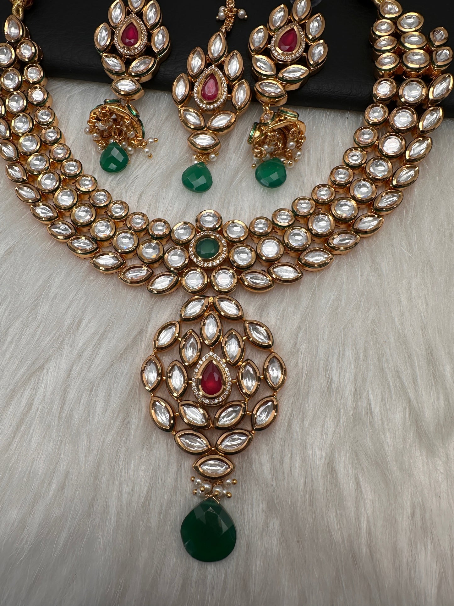 Kundan Red Green Stone Bridal Necklace comes with Earrings and Mang Tika