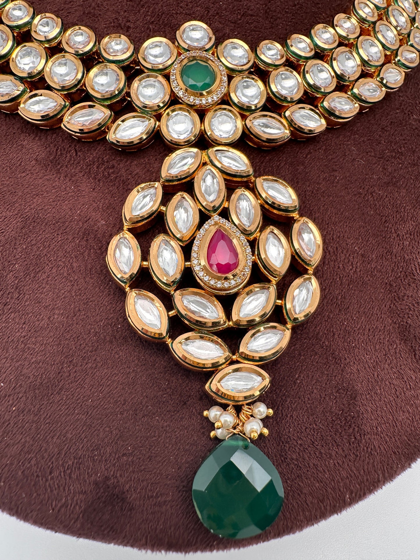 Kundan Red Green Stone Bridal Necklace comes with Earrings and Mang Tika