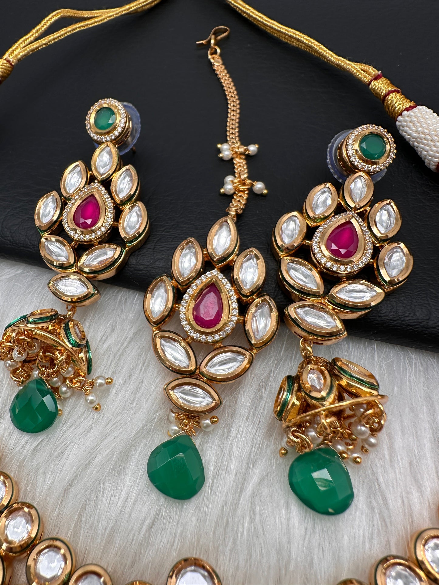 Kundan Red Green Stone Bridal Necklace comes with Earrings and Mang Tika