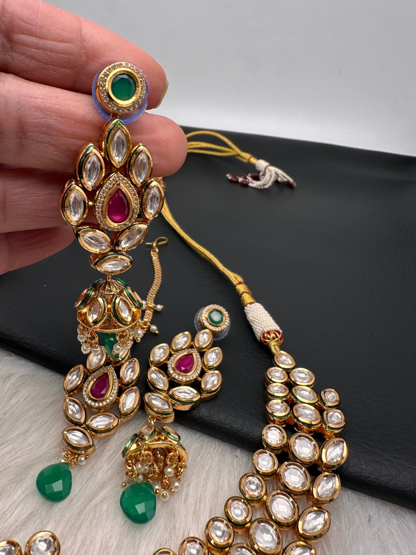 Kundan Red Green Stone Bridal Necklace comes with Earrings and Mang Tika