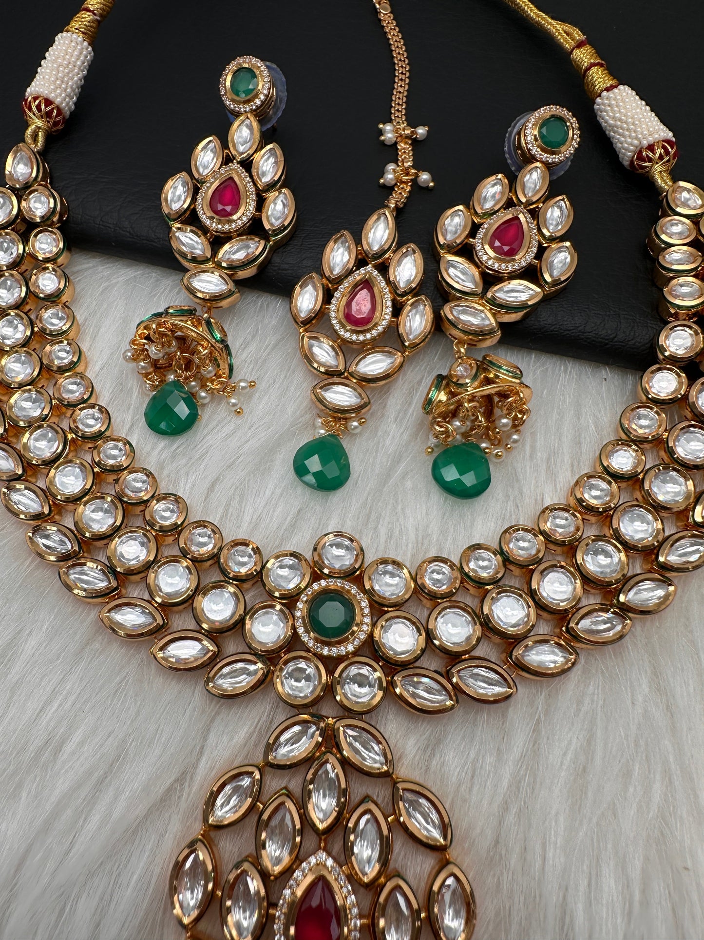 Kundan Red Green Stone Bridal Necklace comes with Earrings and Mang Tika