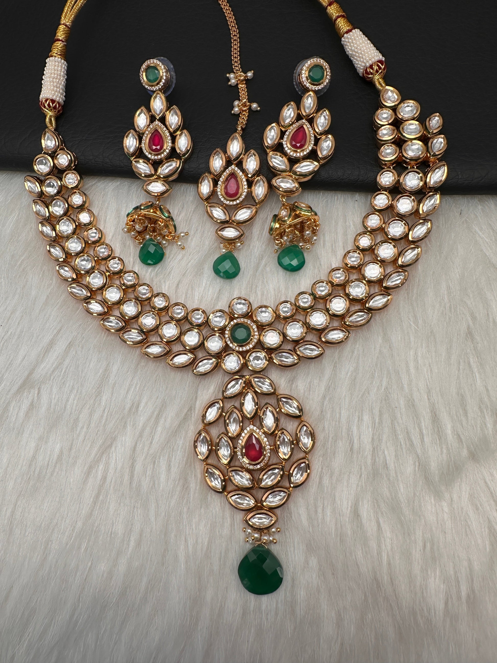 Kundan Red Green Stone Bridal Necklace comes with Earrings and Mang Tika
