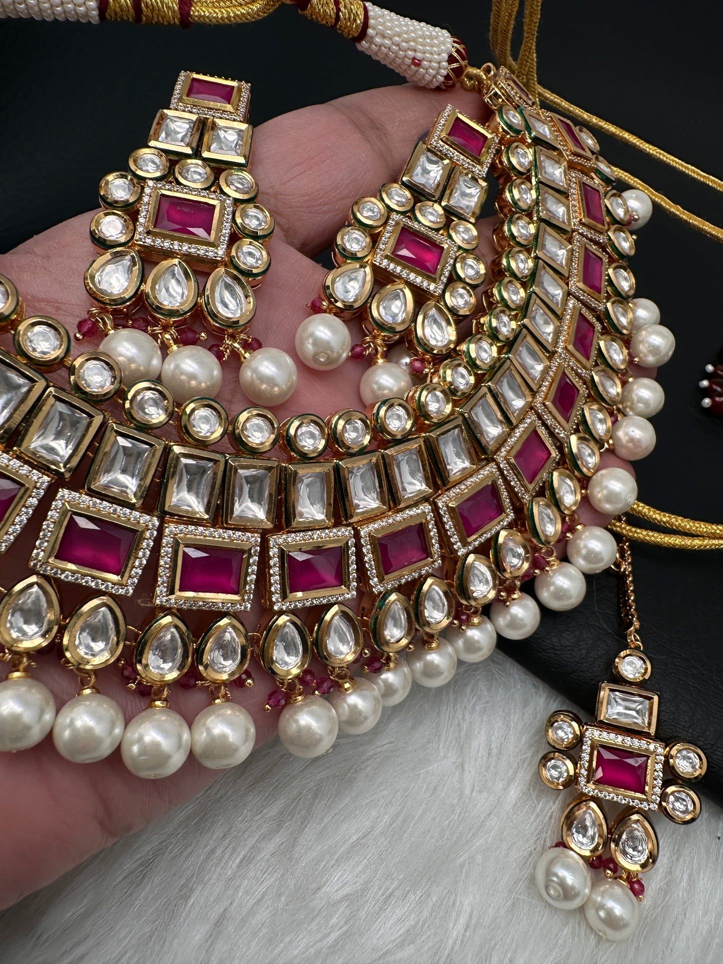 Kundan Red Stone Bridal Necklace comes with Earrings and Mang Tika