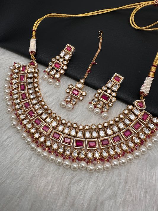 Kundan Red Stone Bridal Necklace comes with Earrings and Mang Tika