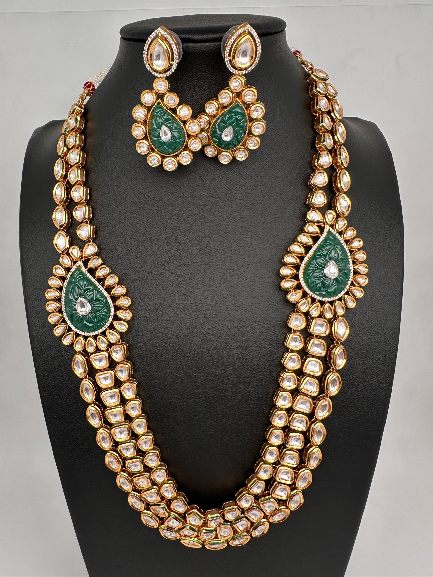 Multi Layer Kundan Green Carved Stone Mid Length Necklace