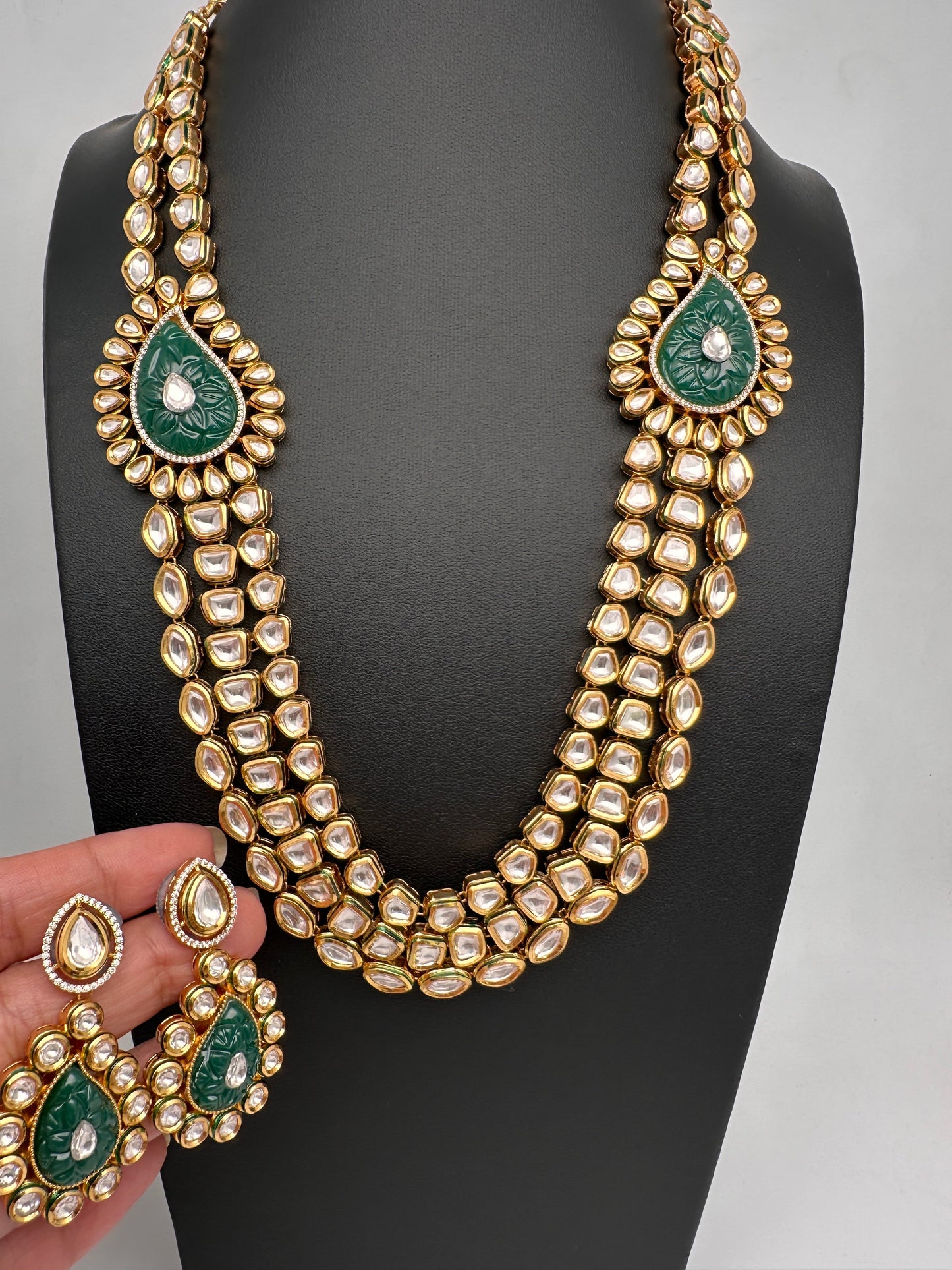 Multi Layer Kundan Green Carved Stone Mid Length Necklace