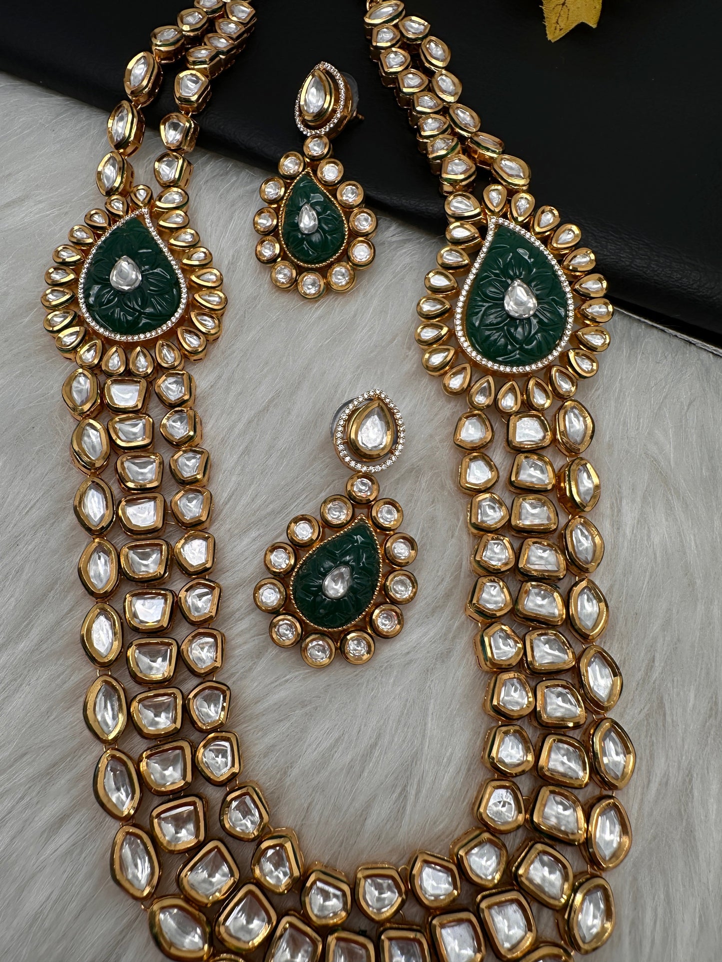 Multi Layer Kundan Green Carved Stone Mid Length Necklace