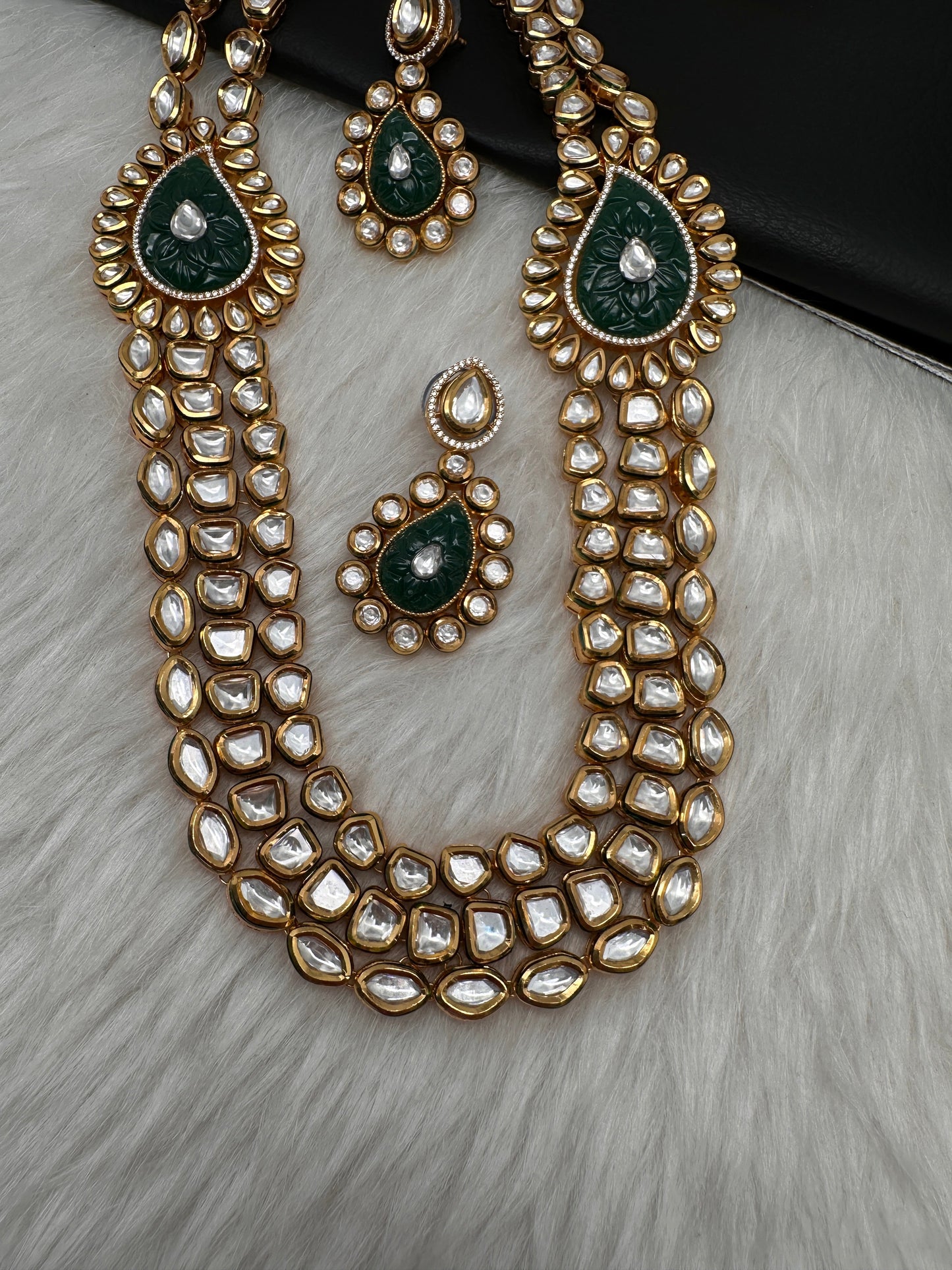 Multi Layer Kundan Green Carved Stone Mid Length Necklace