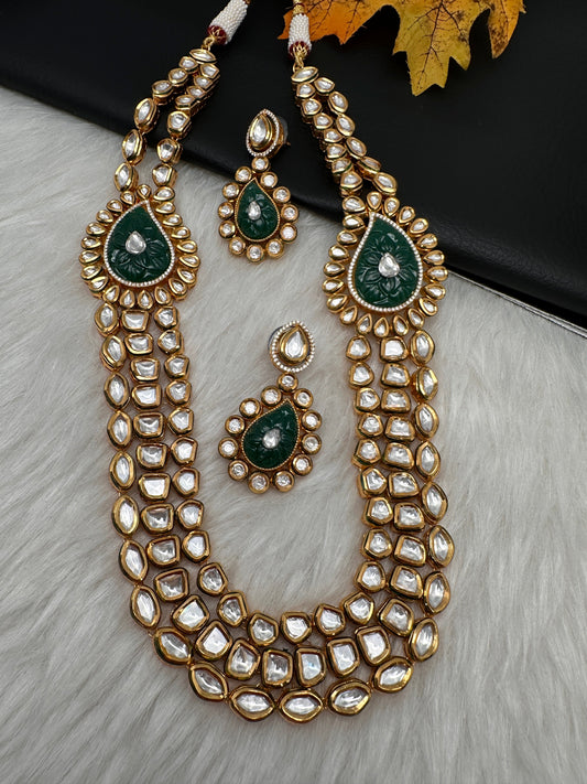 Multi Layer Kundan Green Carved Stone Mid Length Necklace