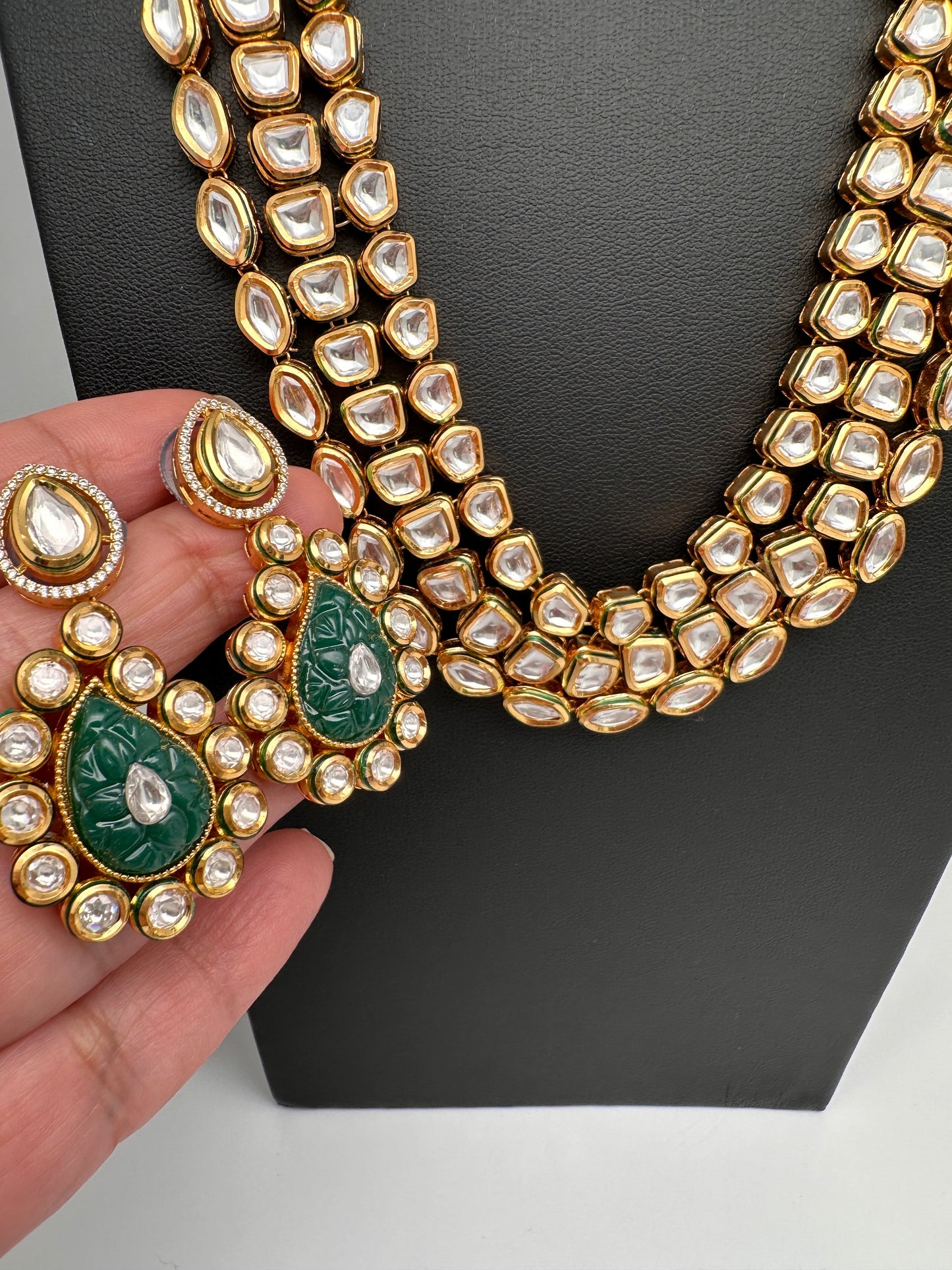 Multi Layer Kundan Green Carved Stone Mid Length Necklace