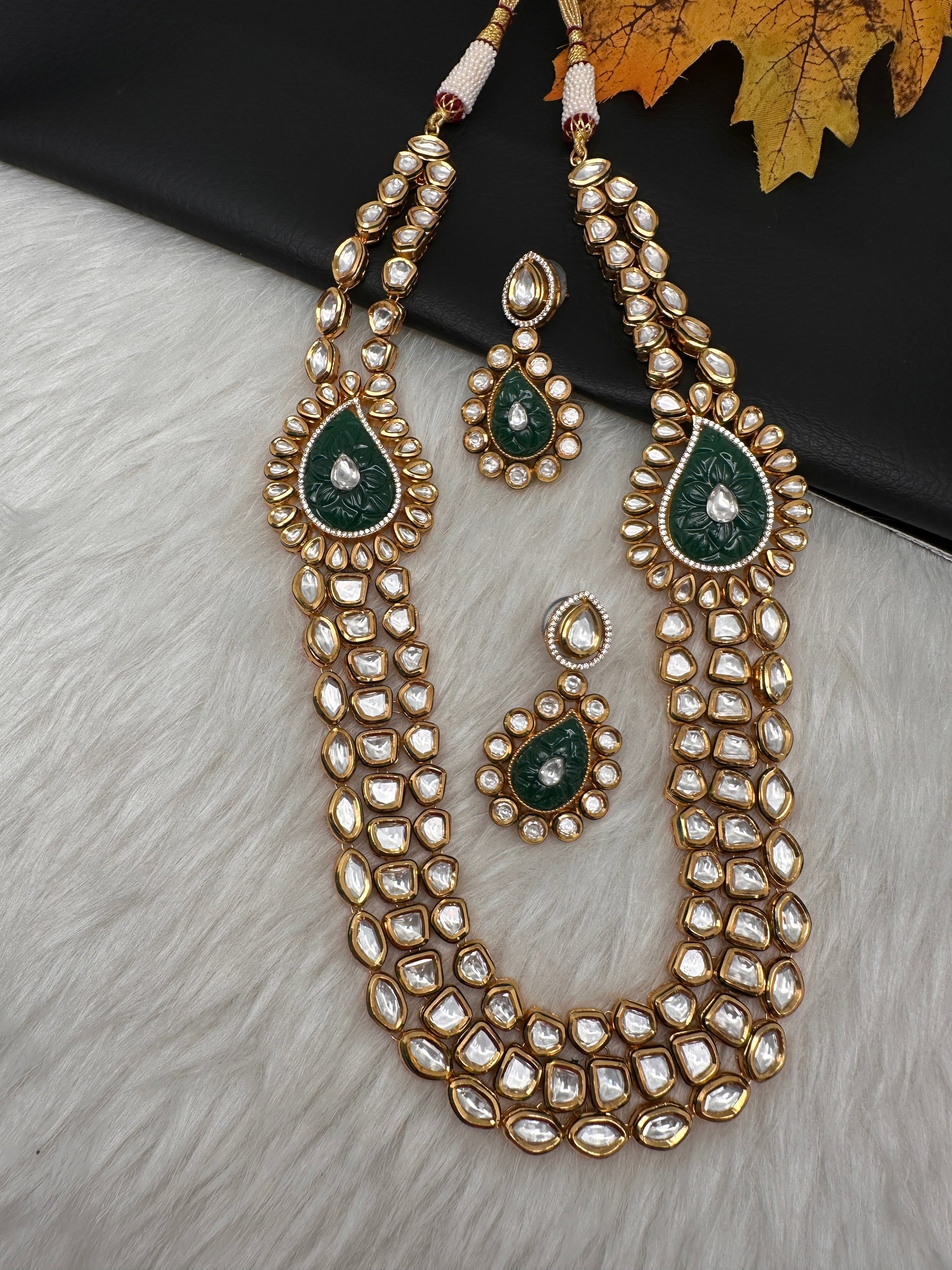 Multi Layer Kundan Green Carved Stone Mid Length Necklace