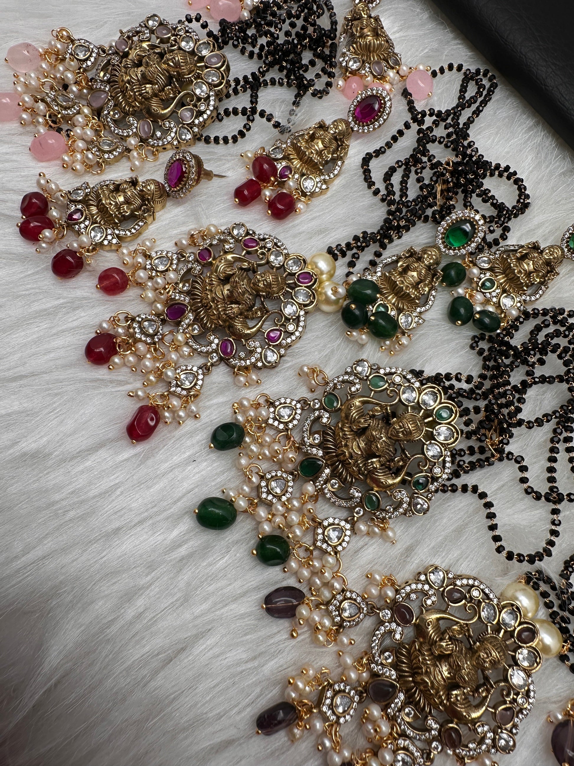Goddess Lakshmi Color Stone Color Beads Mangalsutra Necklace - Red