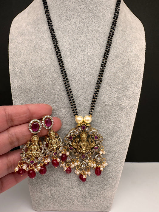 Goddess Lakshmi Color Stone Color Beads Mangalsutra Necklace - Red