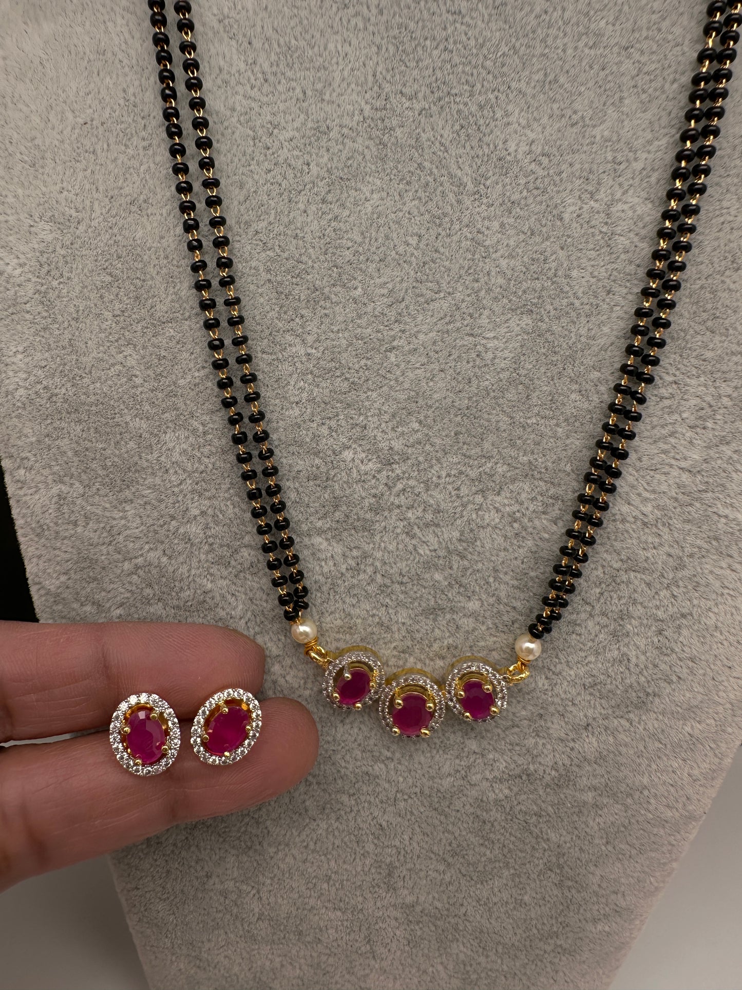 AD Color Stone Mangalsutra Necklace - Red