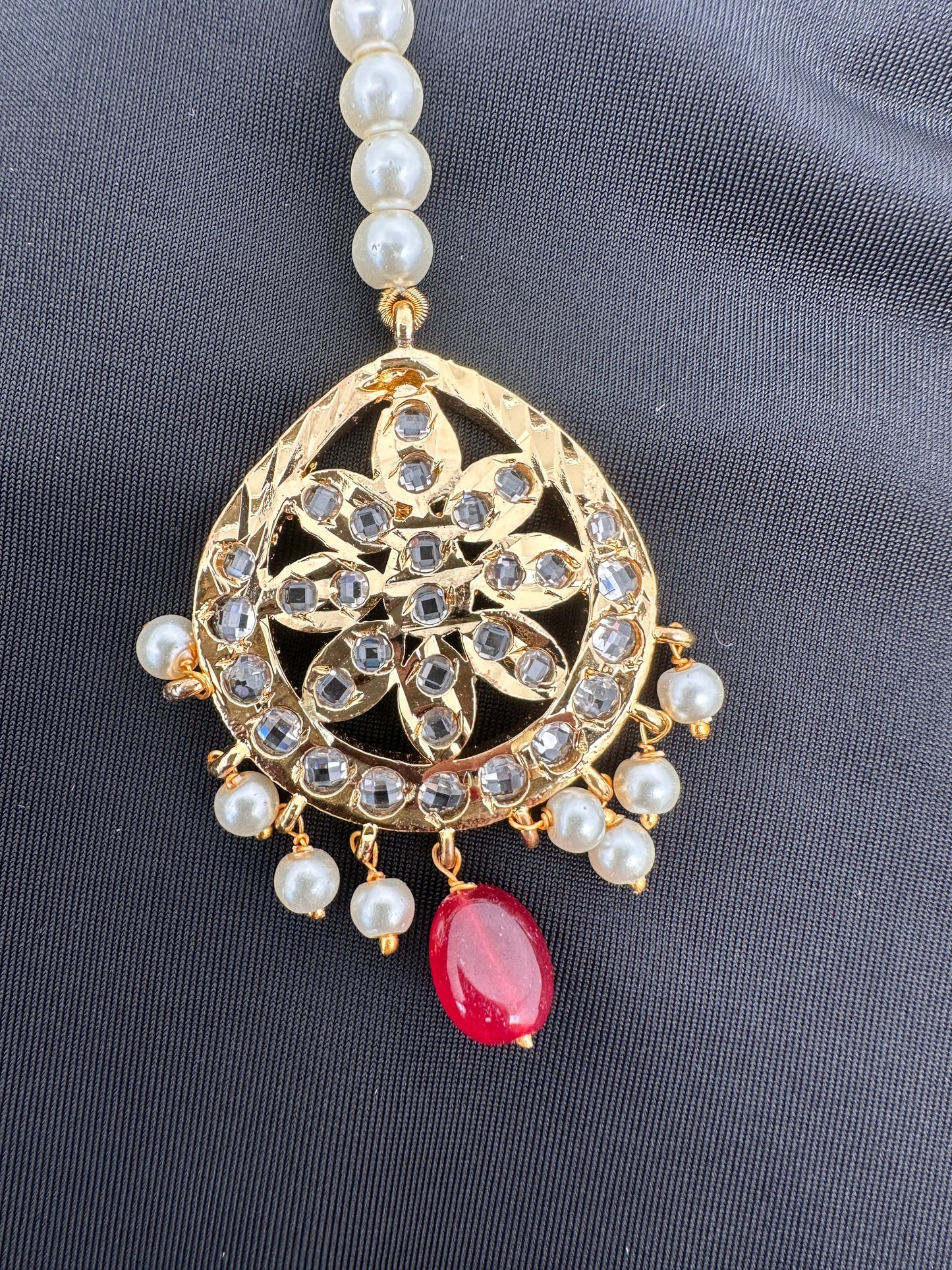 Clear Stone Hyderabadi Jadau Pearls Golden Maangteeka