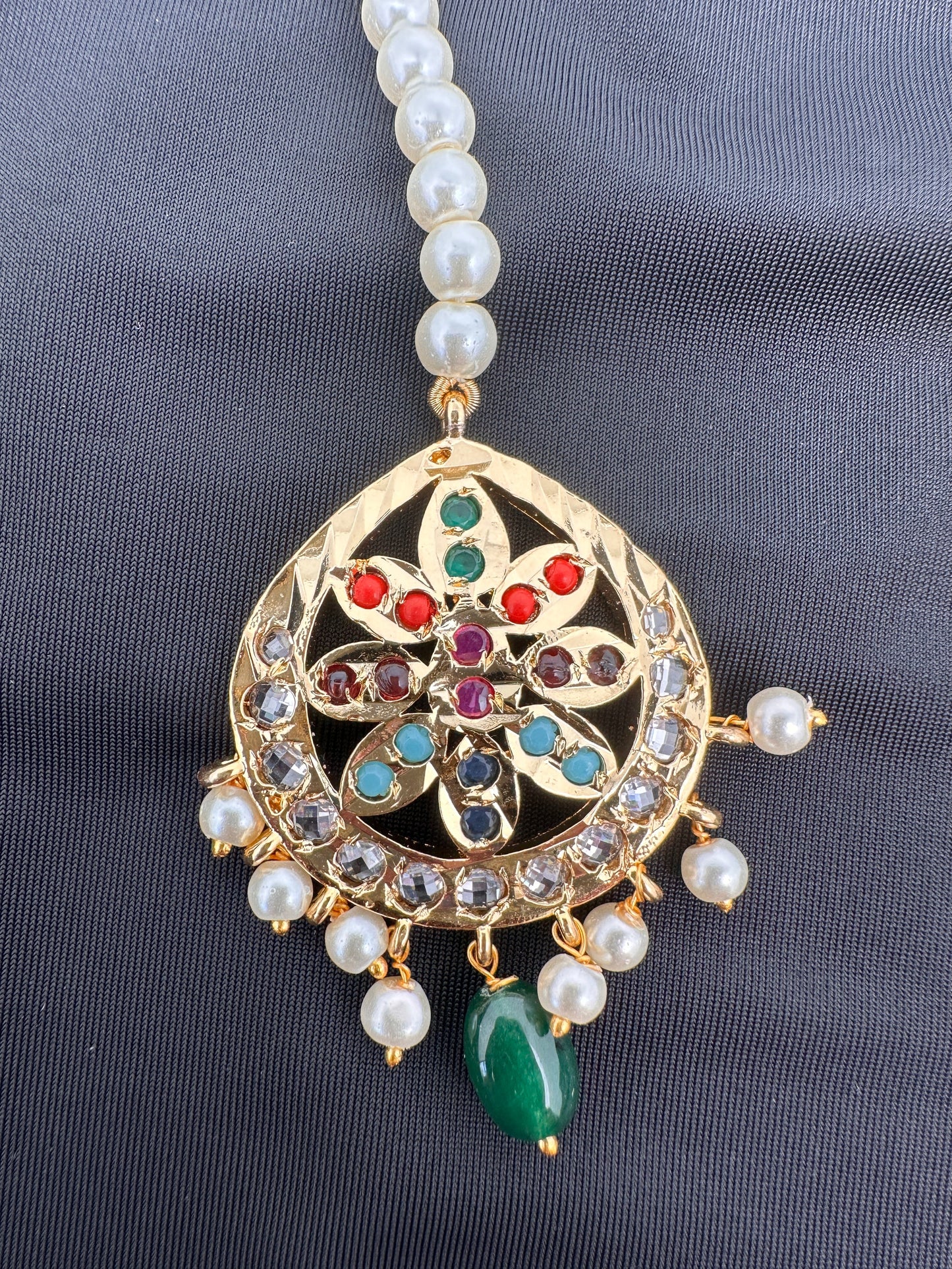 Navratan Stone Hyderabadi Jadau Pearls Golden Maangteeka