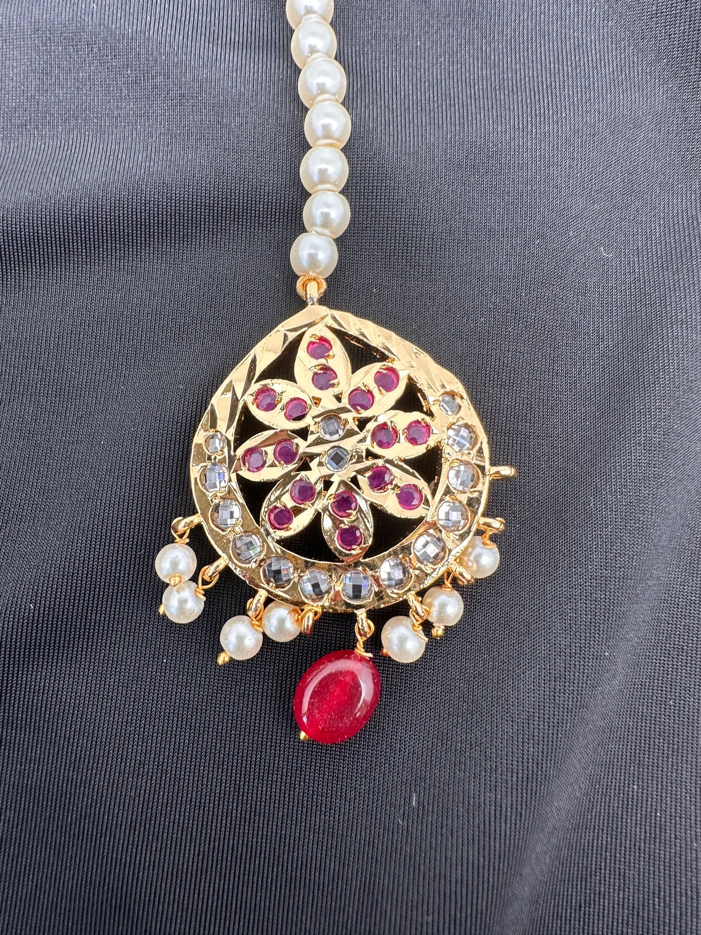 Red Stone Hyderabadi Jadau Pearls Golden Maangteeka