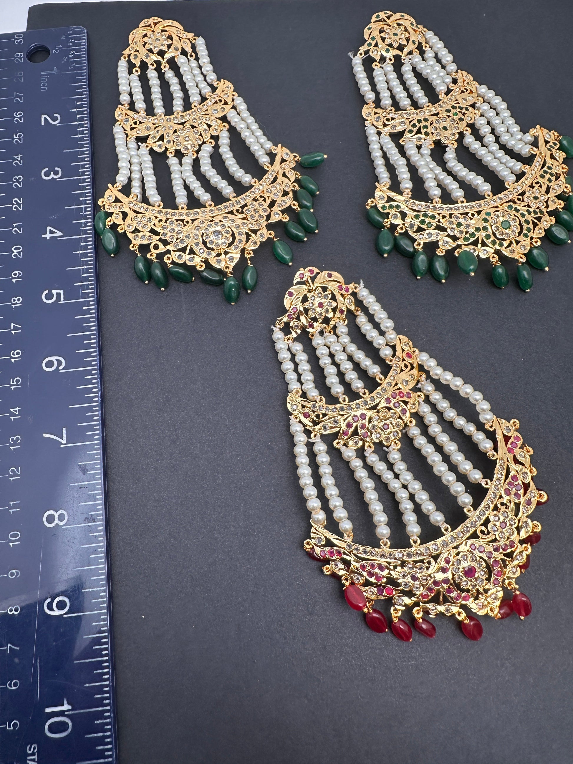 Color Stone Hyderabadi Jadau Pearls Golden Jhoomar - Green