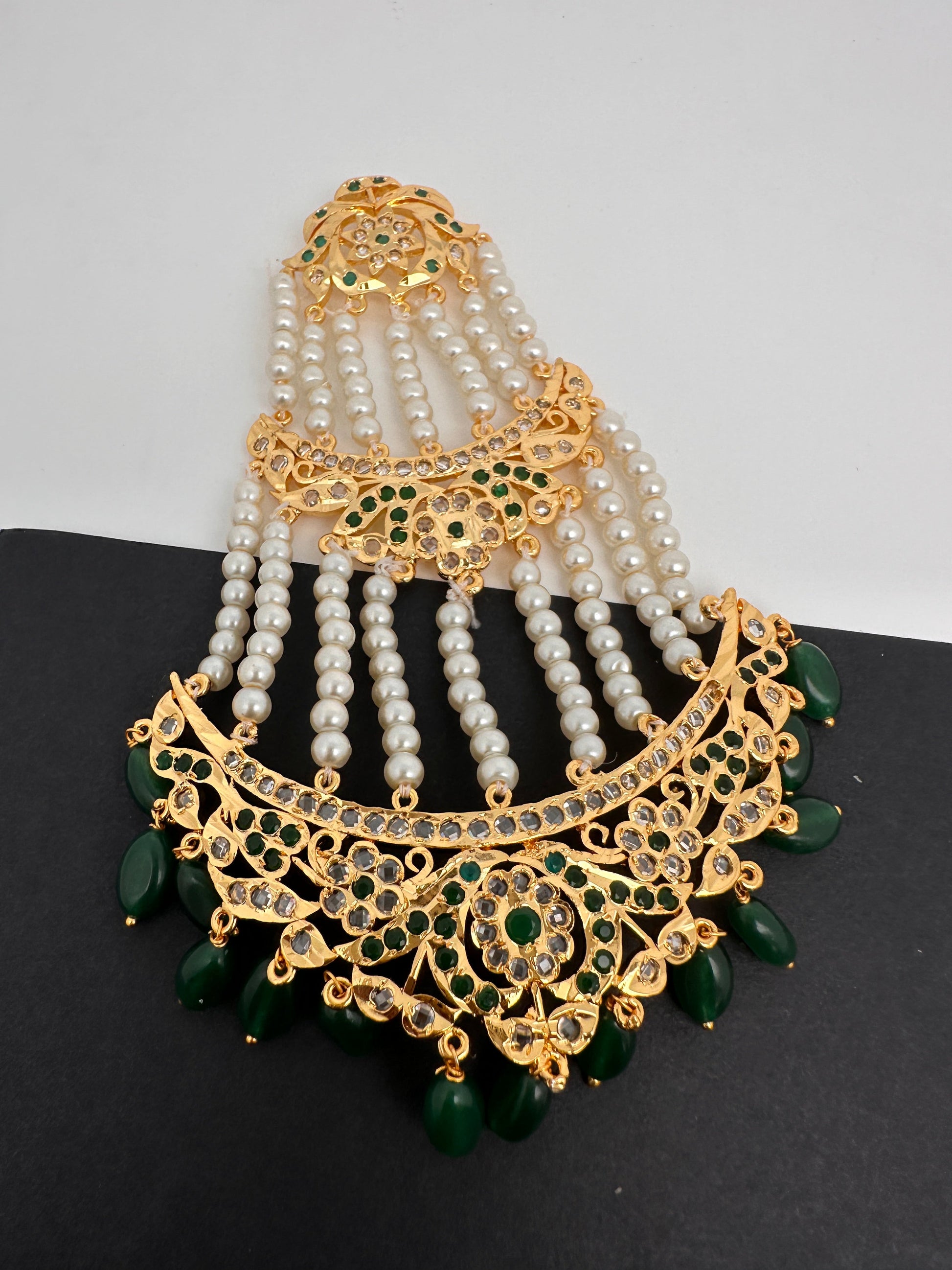 Color Stone Hyderabadi Jadau Pearls Golden Jhoomar - Green