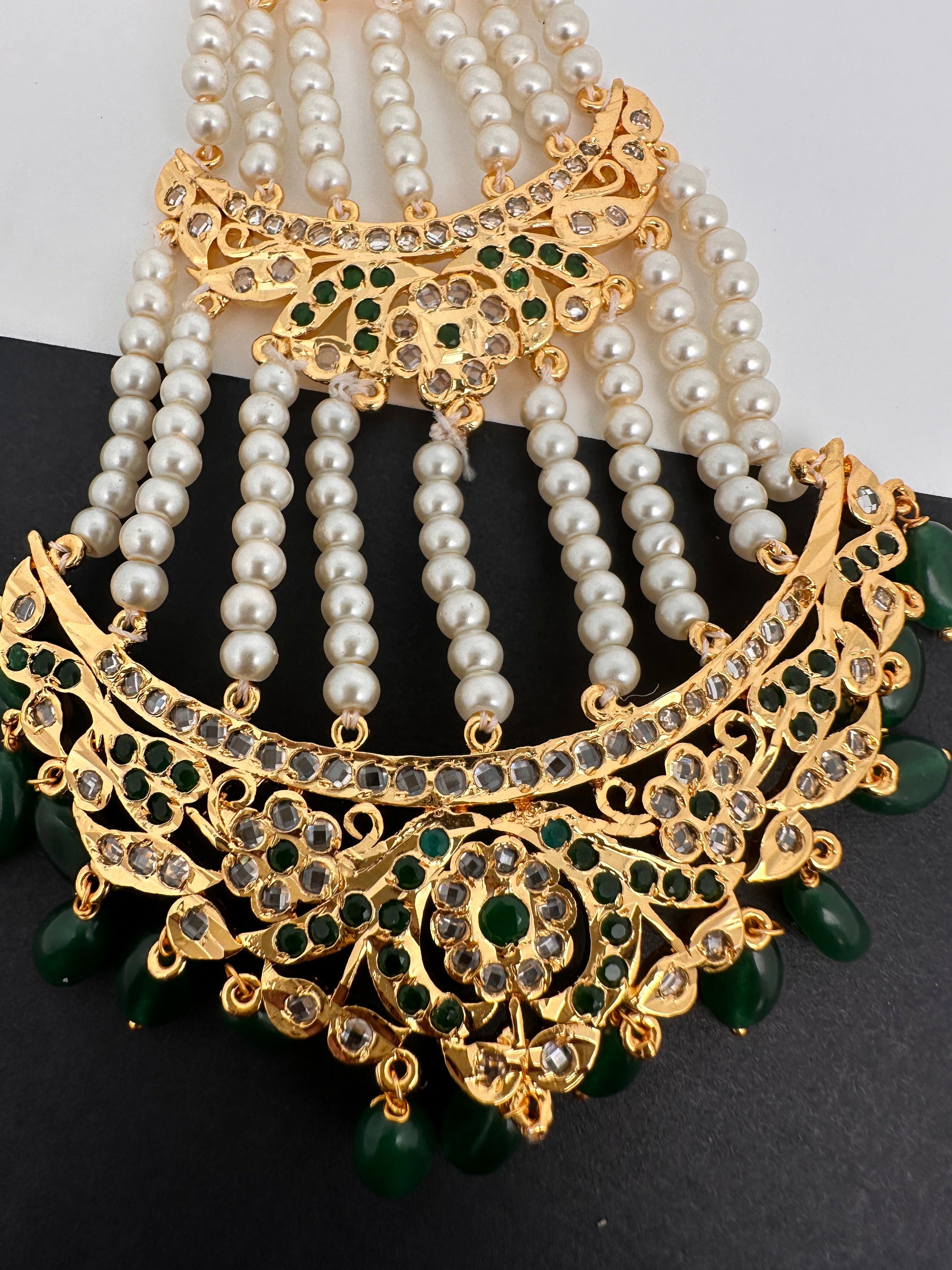 Color Stone Hyderabadi Jadau Pearls Golden Jhoomar - Green