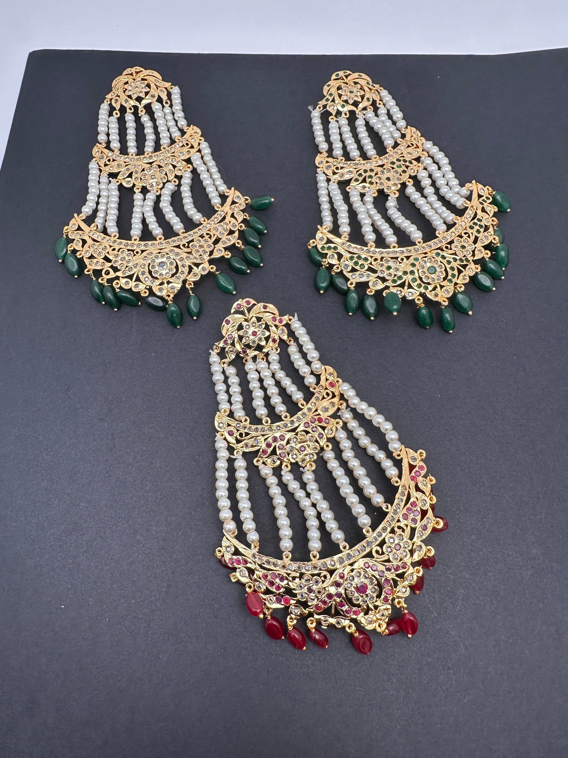 Color Stone Hyderabadi Jadau Pearls Golden Jhoomar - Green