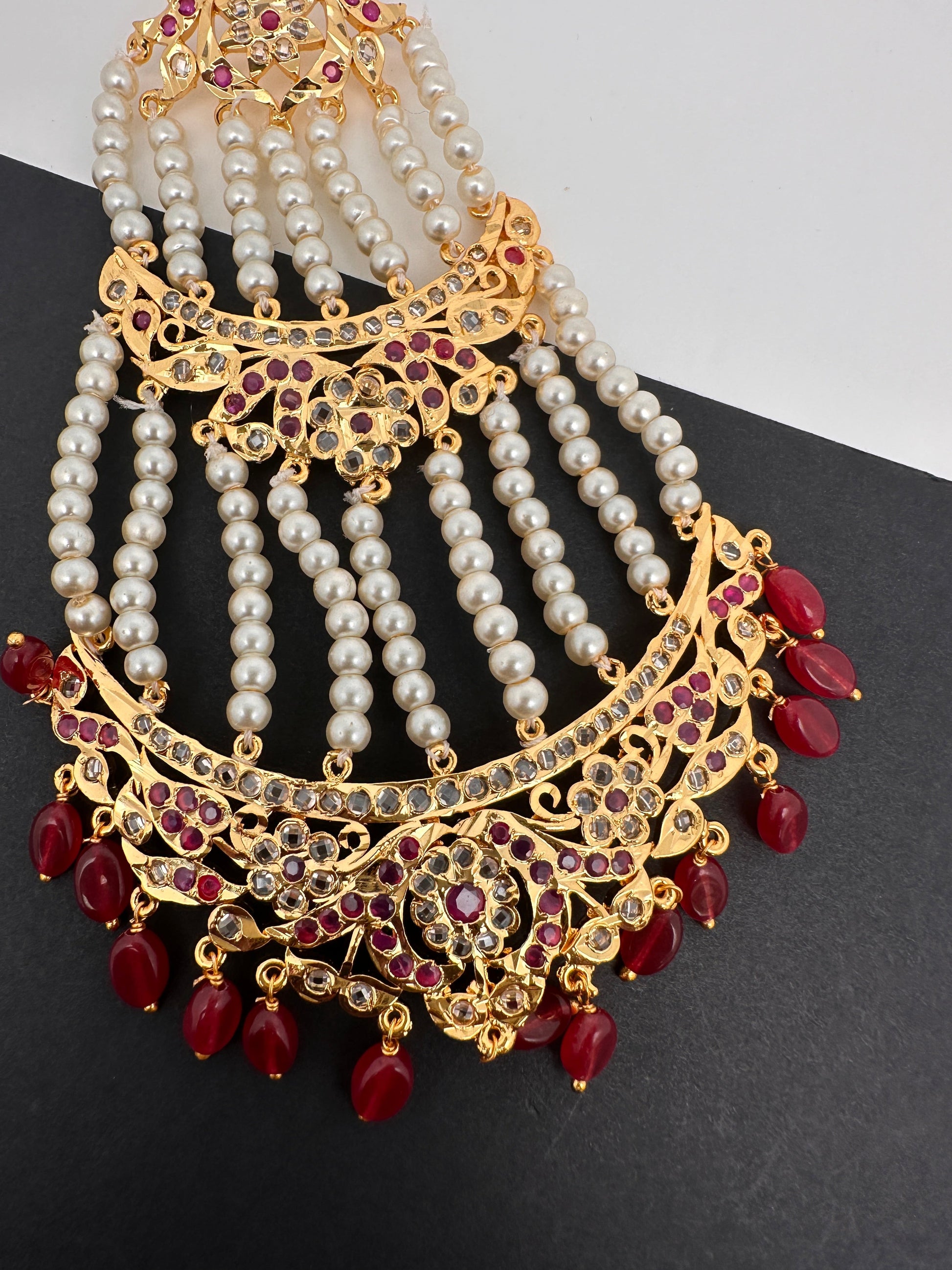 Color Stone Hyderabadi Jadau Pearls Golden Jhoomar - Red