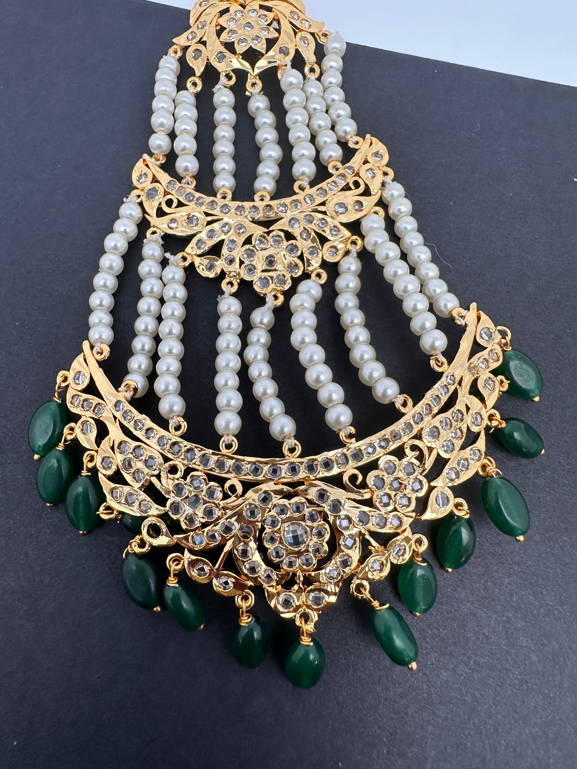Color Stone Hyderabadi Jadau Pearls Golden Jhoomar - White