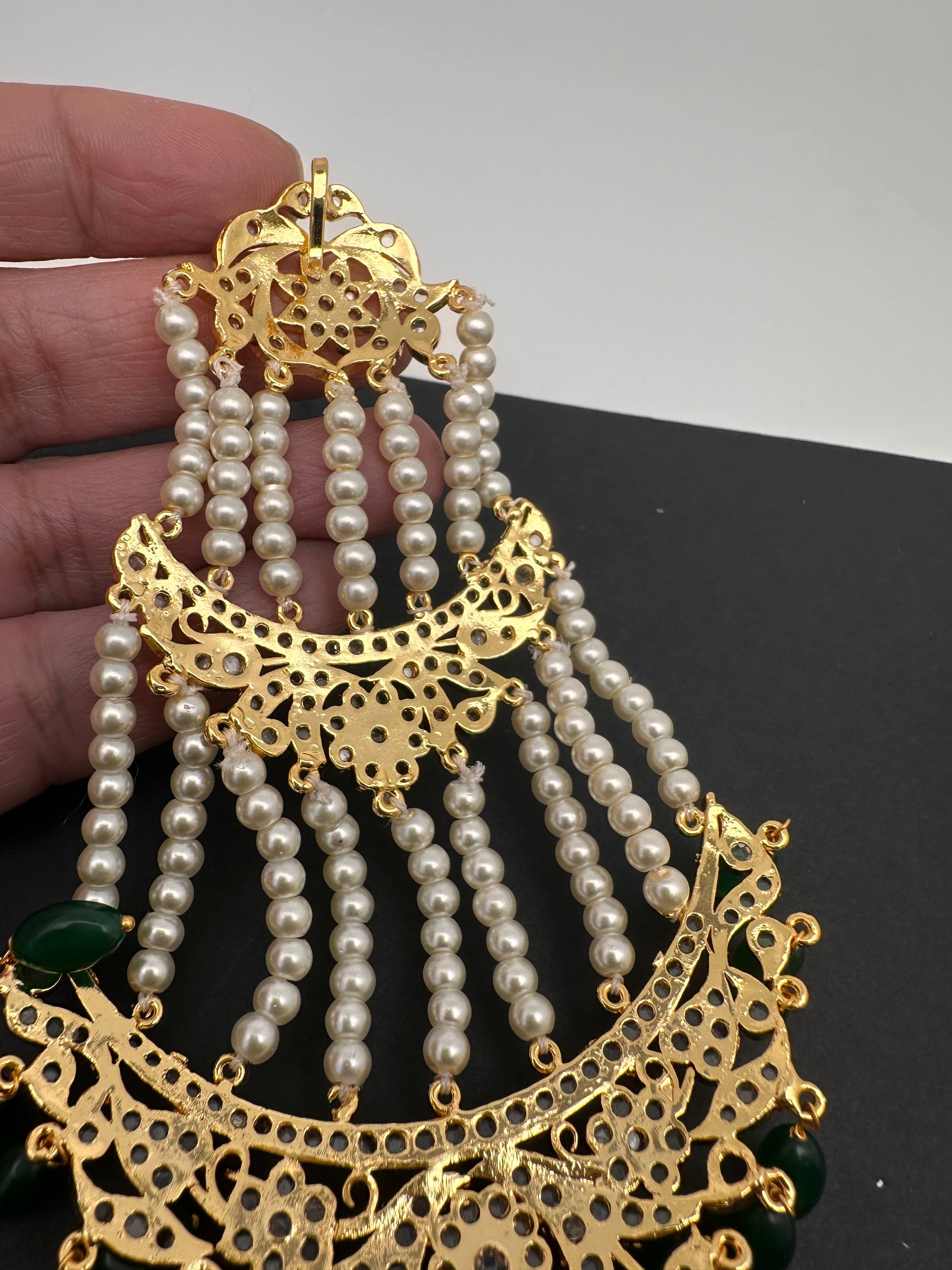Color Stone Hyderabadi Jadau Pearls Golden Jhoomar - White