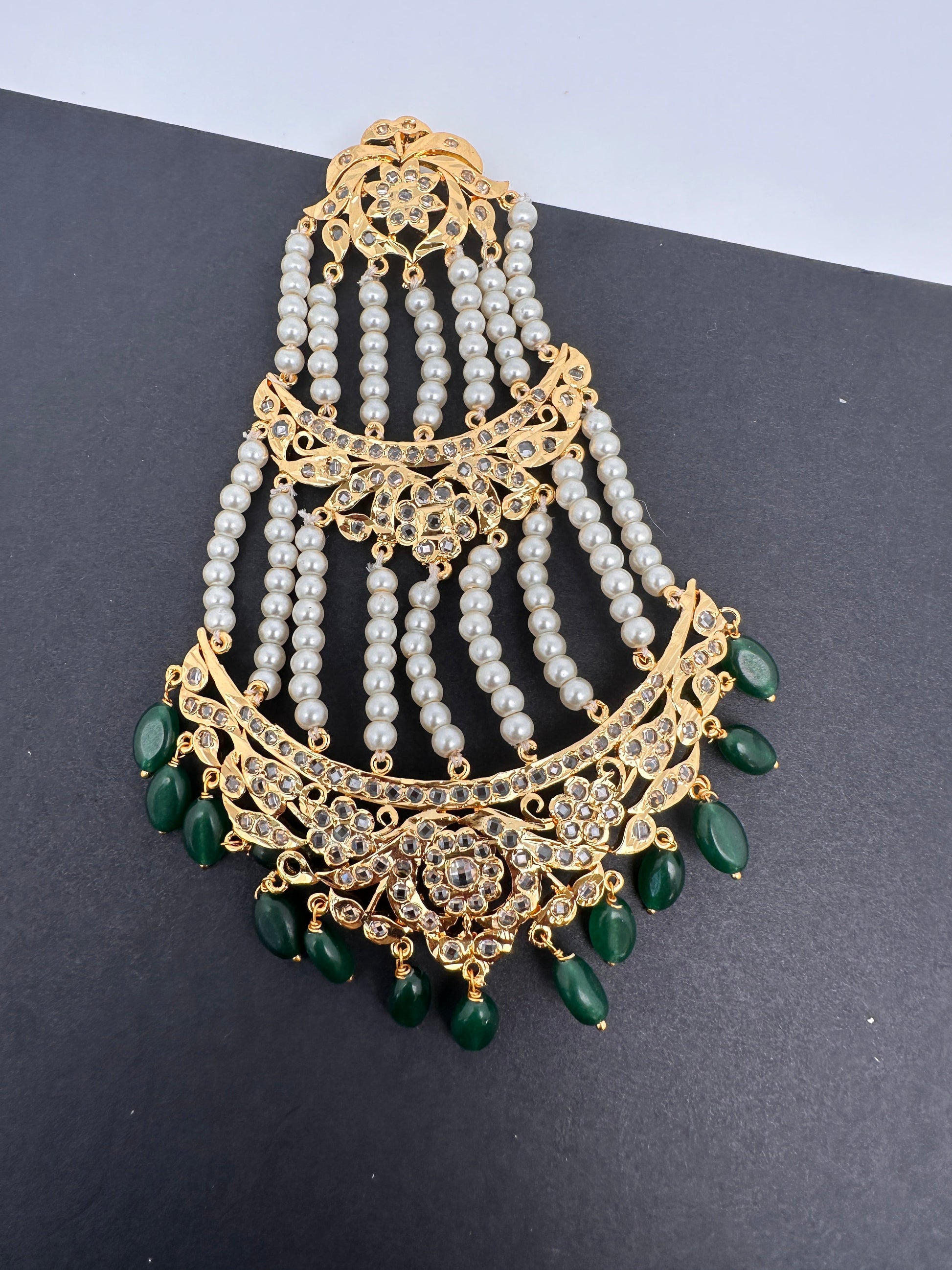 Color Stone Hyderabadi Jadau Pearls Golden Jhoomar - White