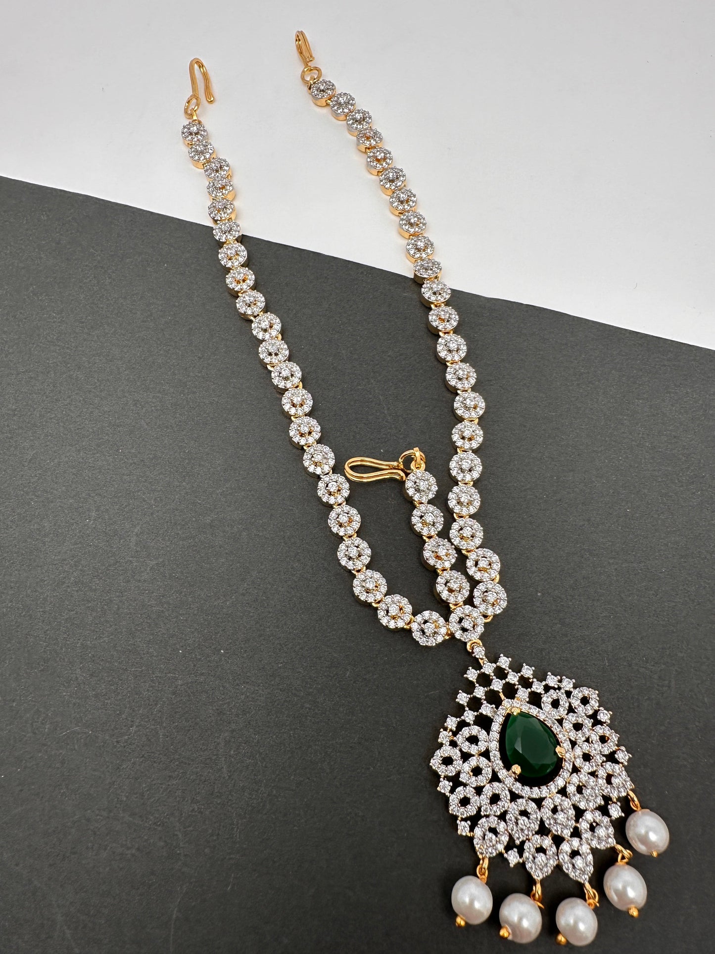 Diamond Finish Maangteeka Mathapatti with Red Stone - Green