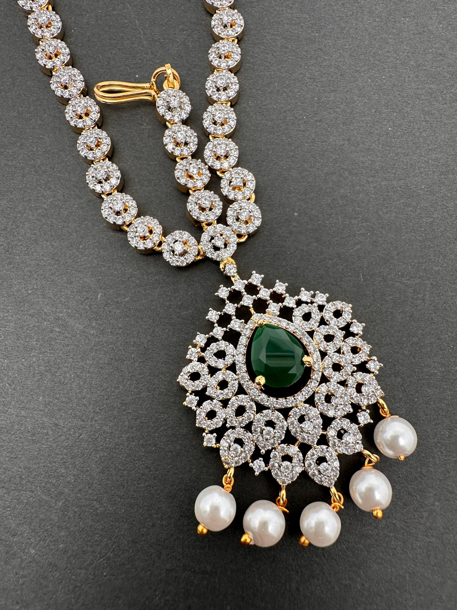 Diamond Finish Maangteeka Mathapatti with Red Stone - Green