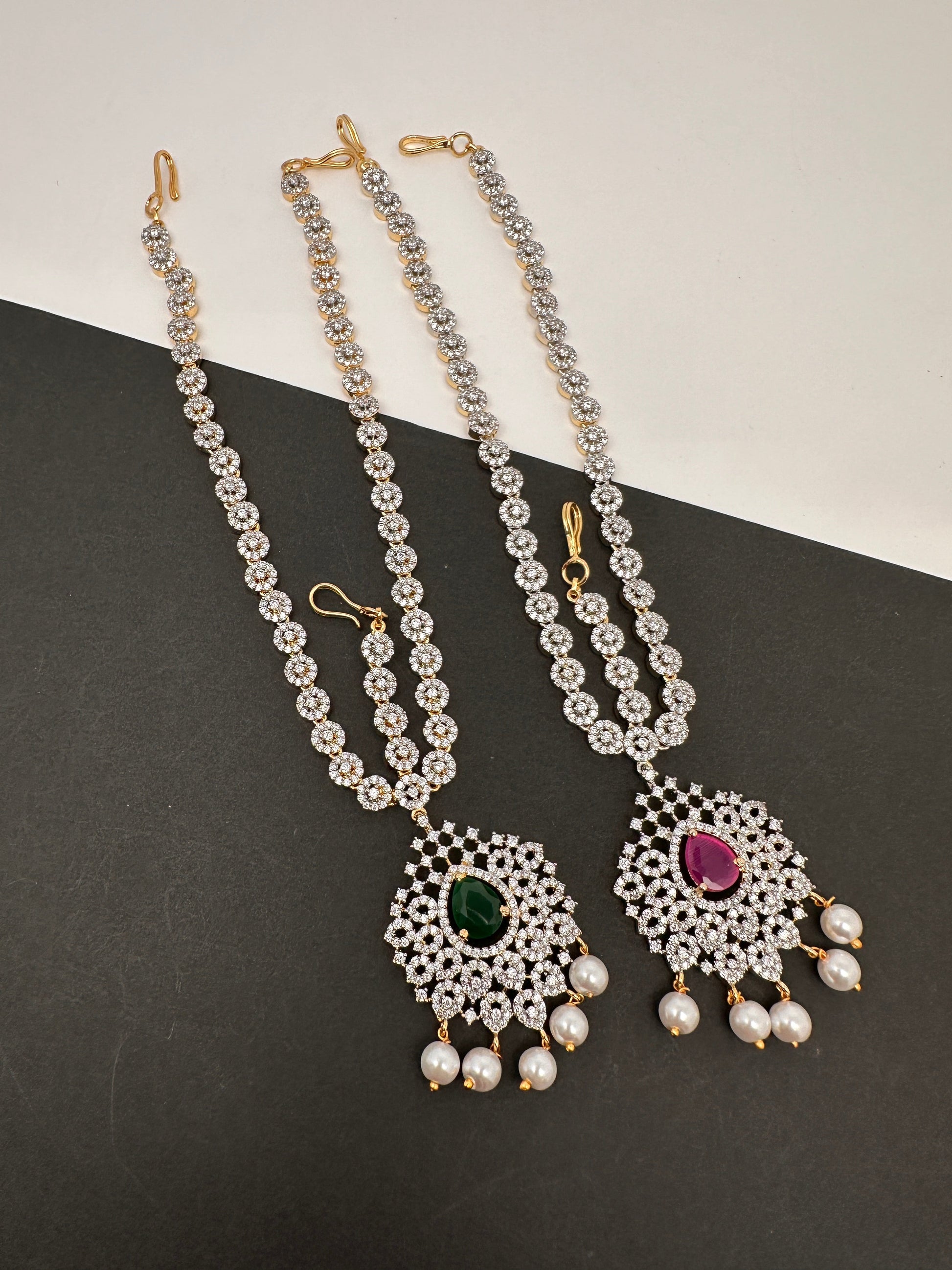 Diamond Finish Maangteeka Mathapatti with Red Stone - Green