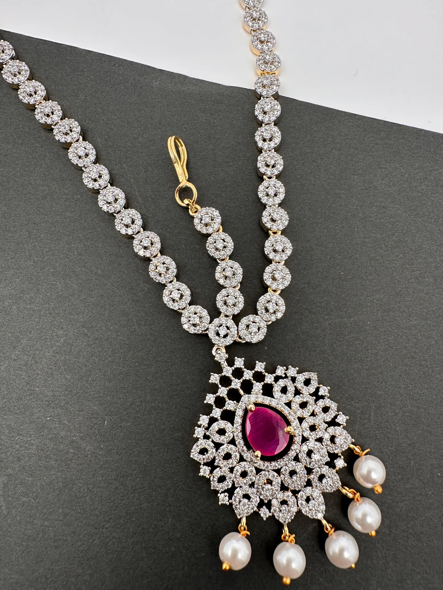 Diamond Finish Maangteeka Mathapatti with Red Stone - Red