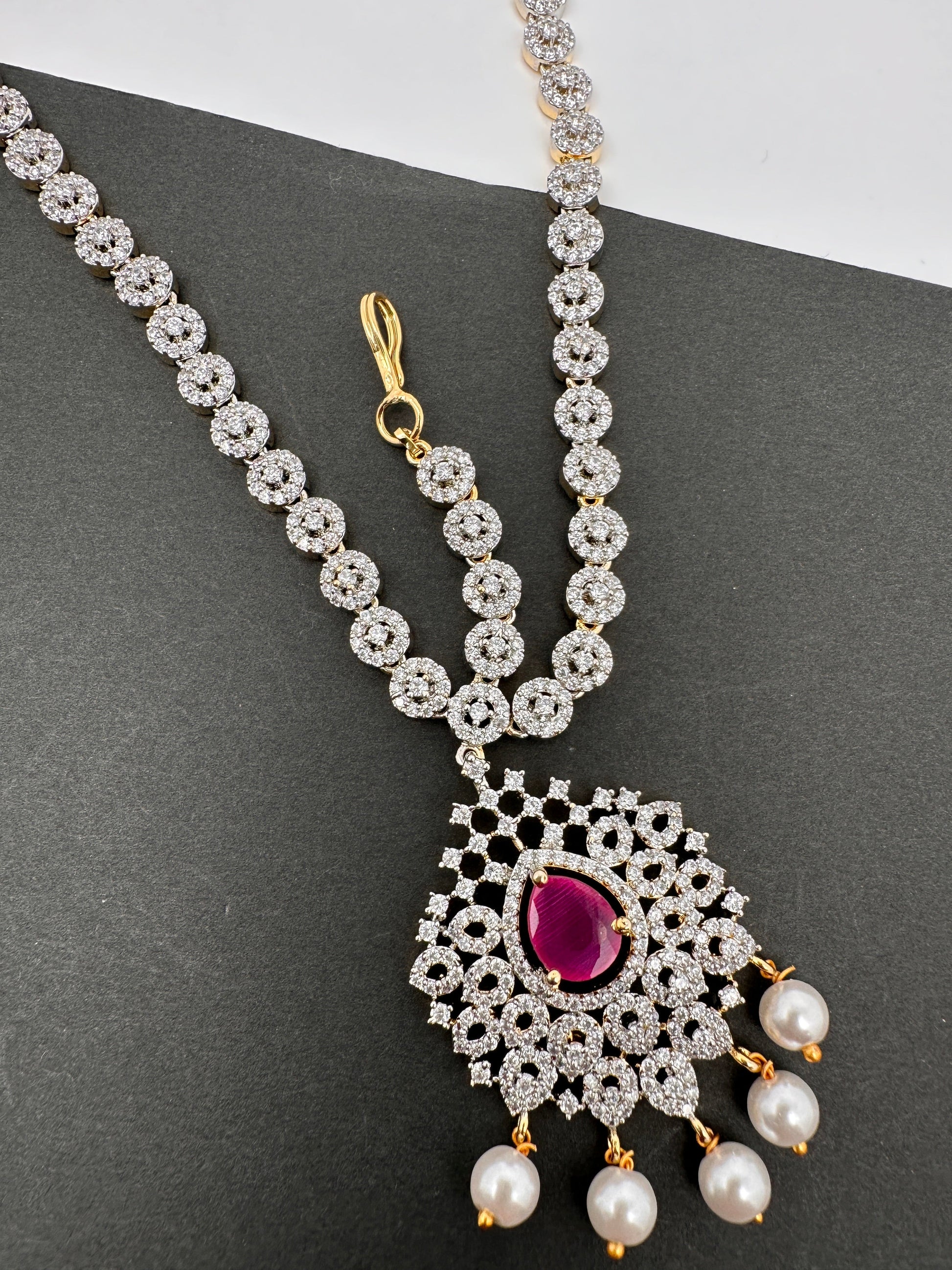 Diamond Finish Maangteeka Mathapatti with Red Stone - Red