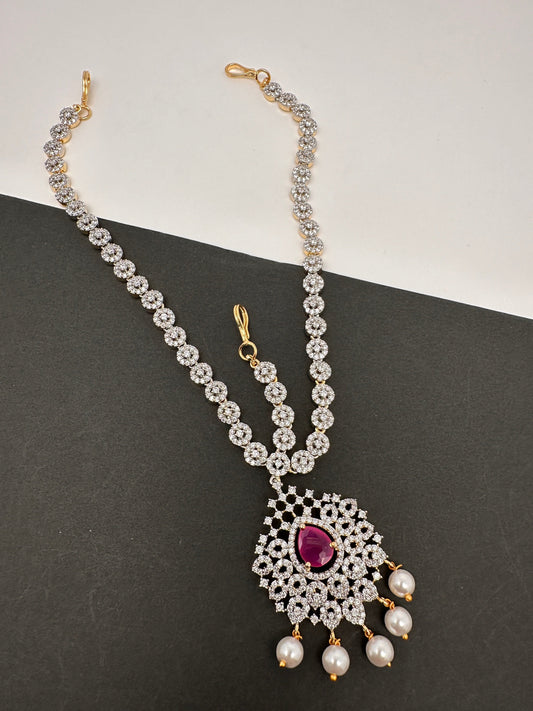 Diamond Finish Maangteeka Mathapatti with Red Stone - Red