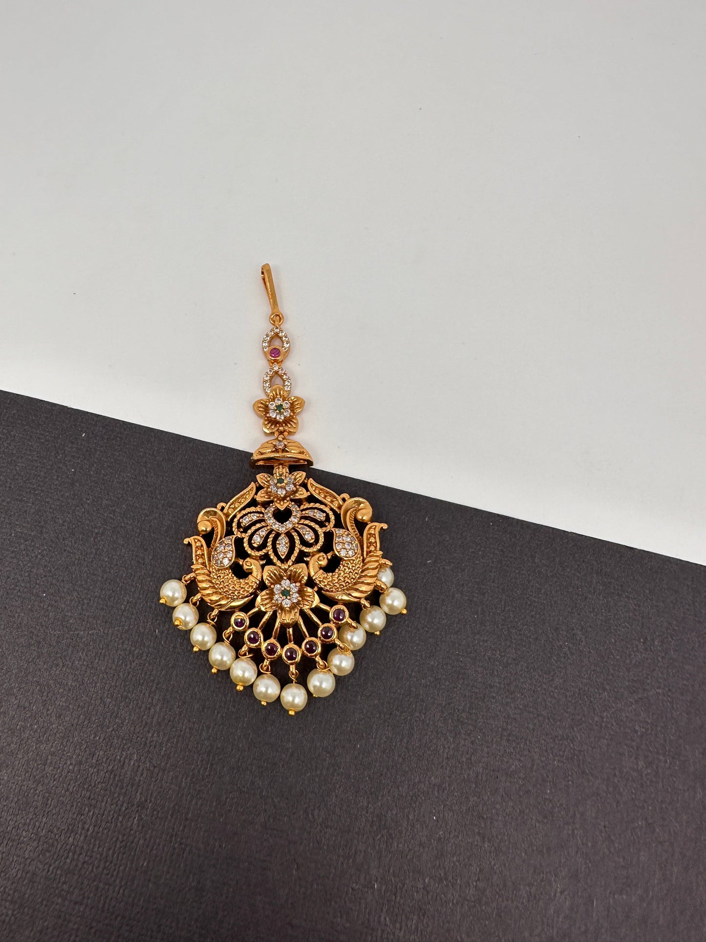 Matte Peacock Pattern Multi Stone Pearls Mang Tika
