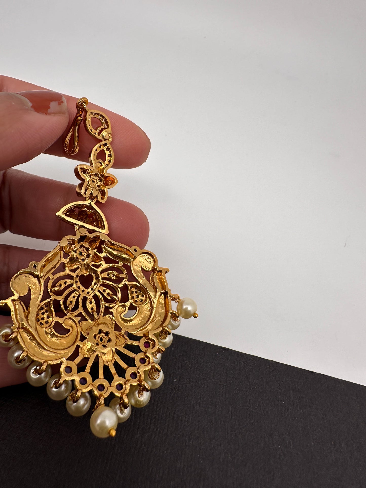 Matte Peacock Pattern Multi Stone Pearls Mang Tika