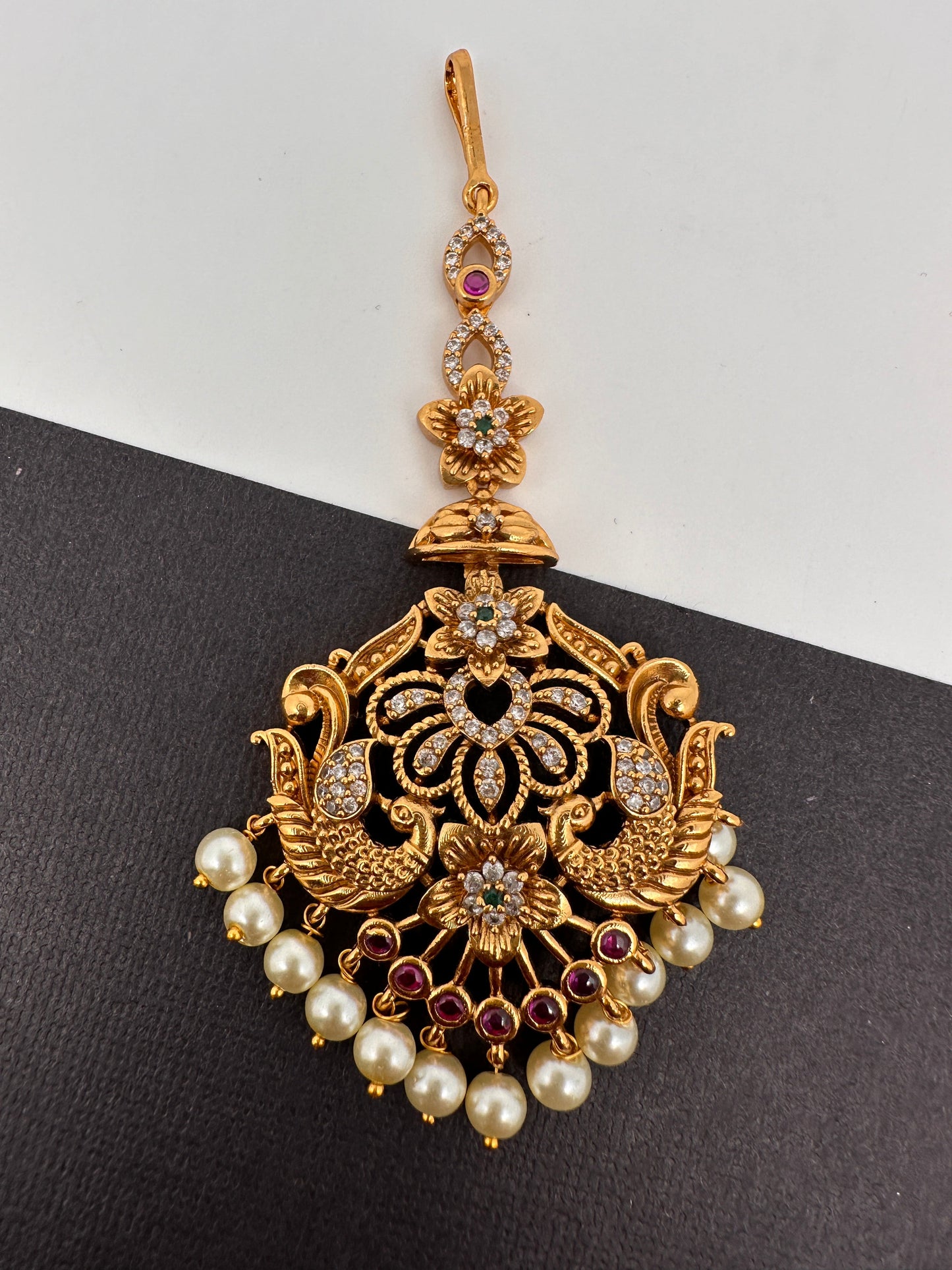 Matte Peacock Pattern Multi Stone Pearls Mang Tika