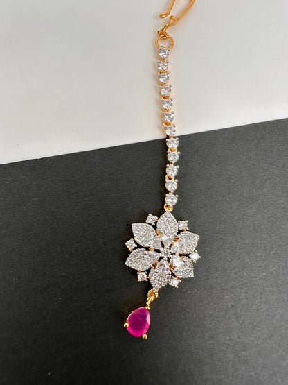 Dianty Diamond Finish Color Stone Maangteeka - Red