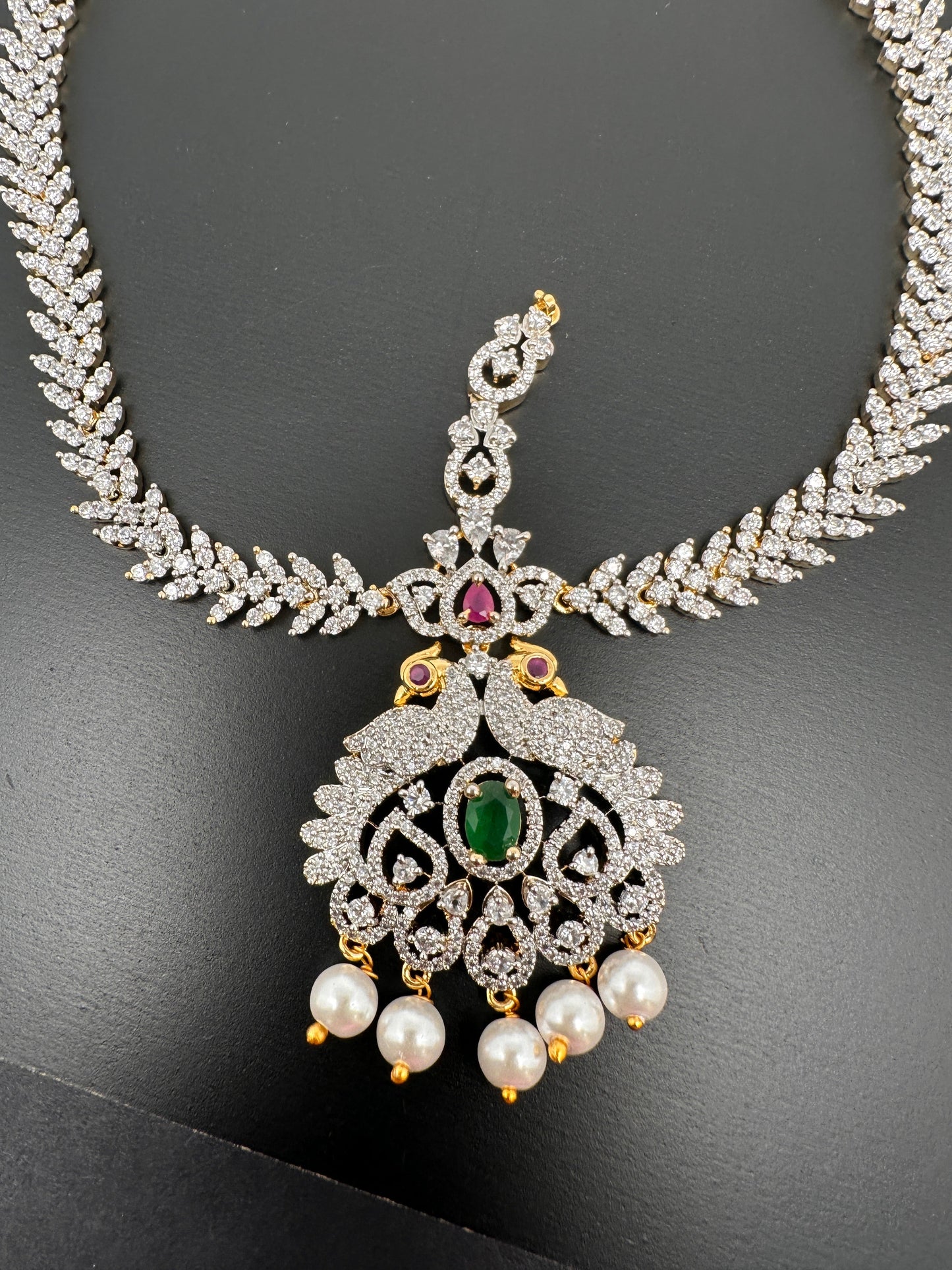 Emerald Ruby Diamond FinishPeacock Maangteeka Mathapatti with Red Stone