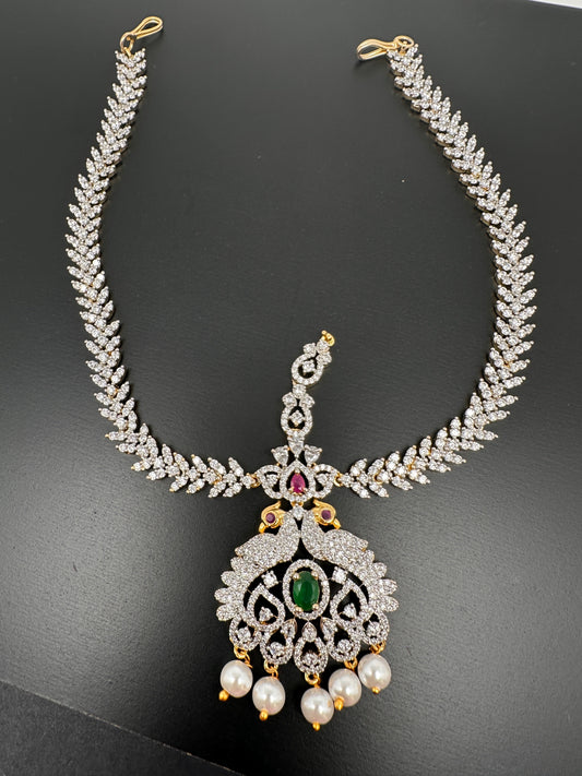Emerald Ruby Diamond FinishPeacock Maangteeka Mathapatti with Red Stone