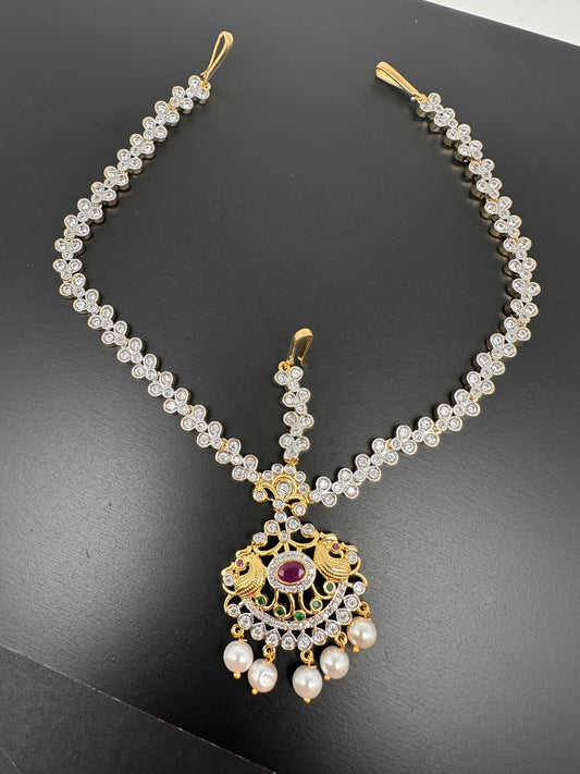 Emerald Ruby Dual Tone Peacock Maangteeka Mathapatti with Red Stone