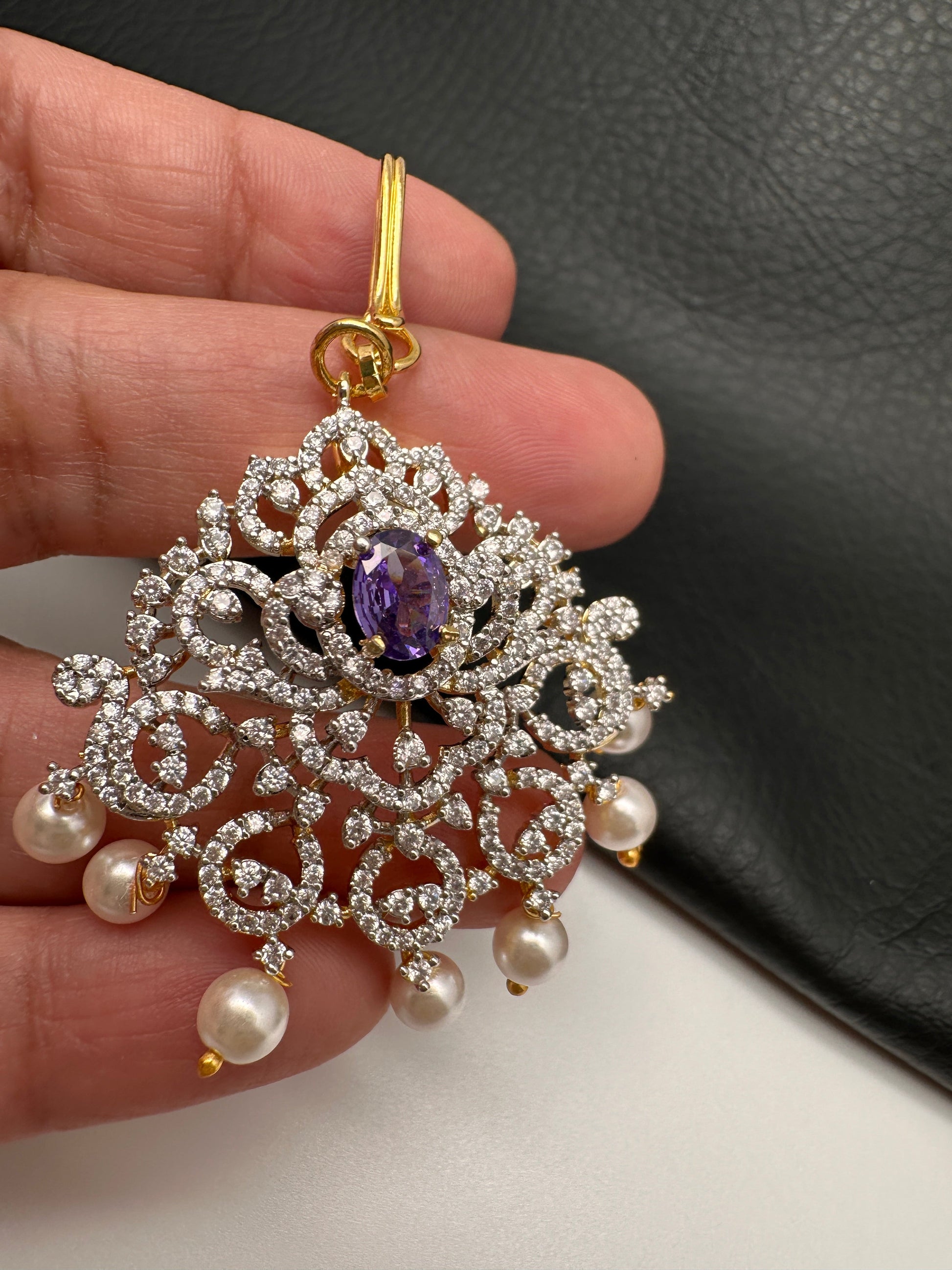 Diamond Finish Color Stone Maangteeka - Purple
