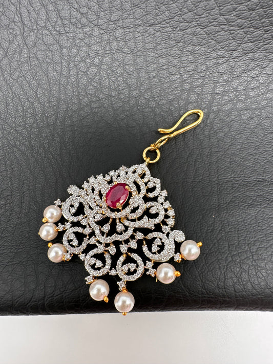 Diamond Finish Color Stone Maangteeka - Red
