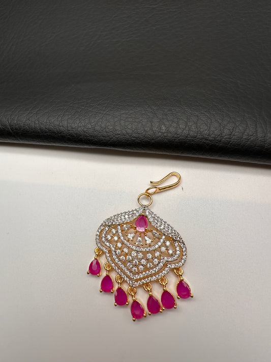 Diamond Finish Color Stone Maangteeka - Red