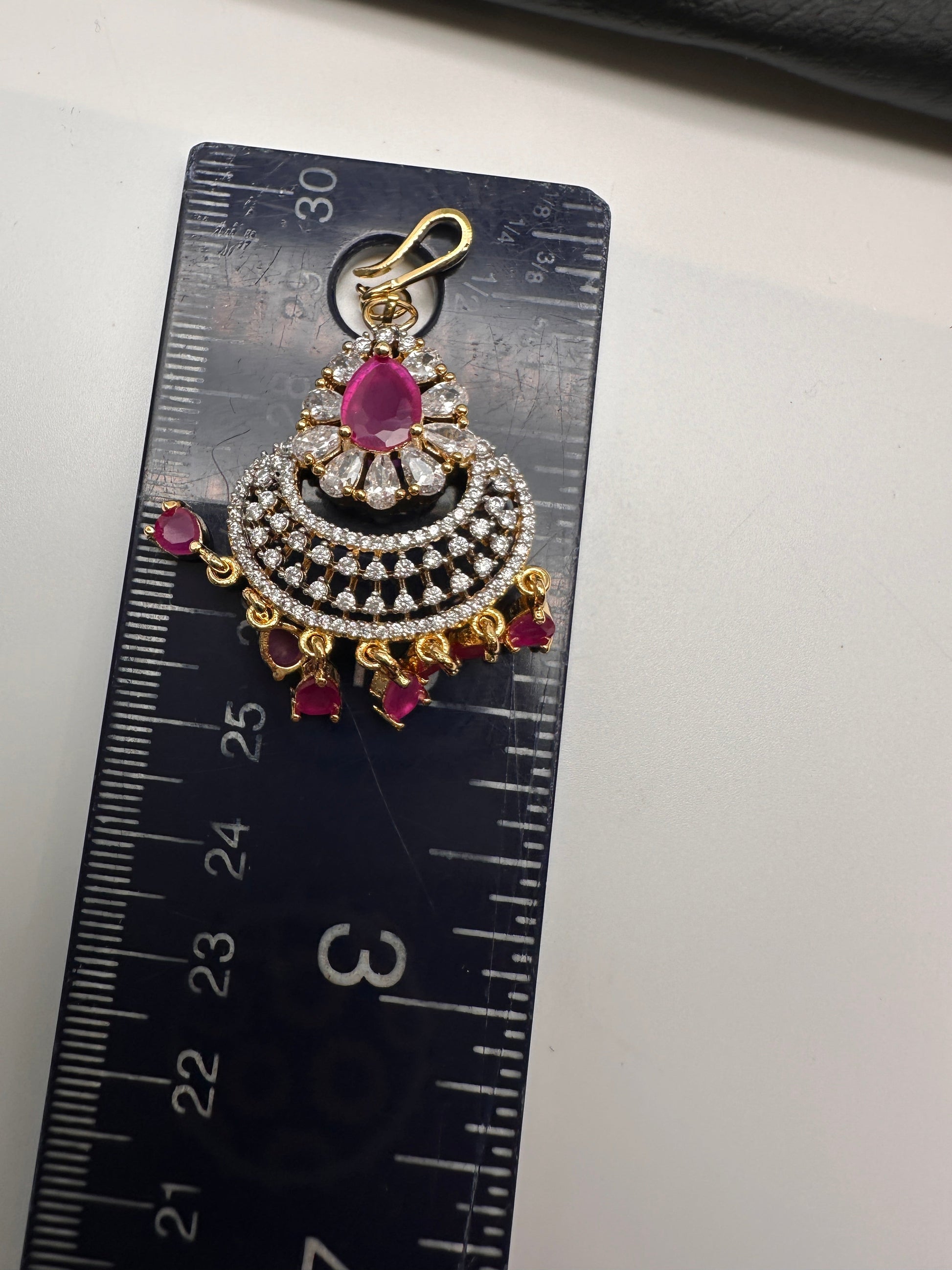 Diamond Finish Color Stone Maangteeka - Red